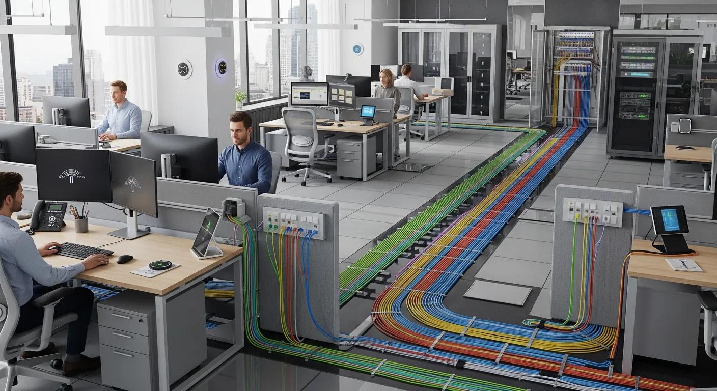 Office environment with IoT devices and modern connectivity, illustrating the role of structured cabling