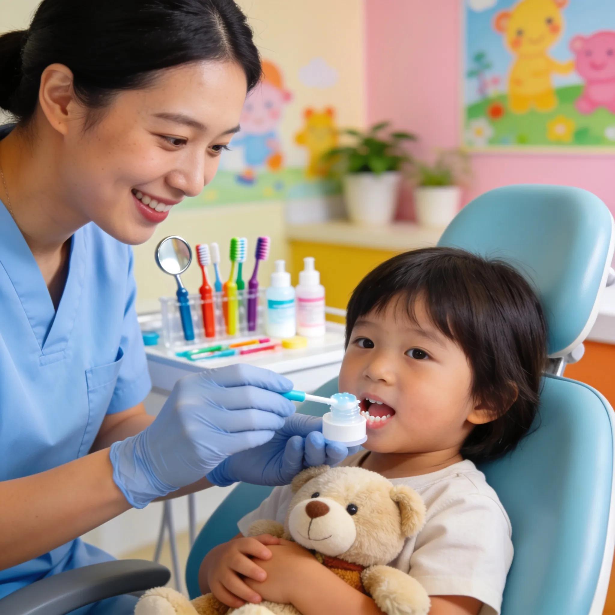 Pediatric dentist performs fluoride treatment on a child, showing the importance of preventive dental care