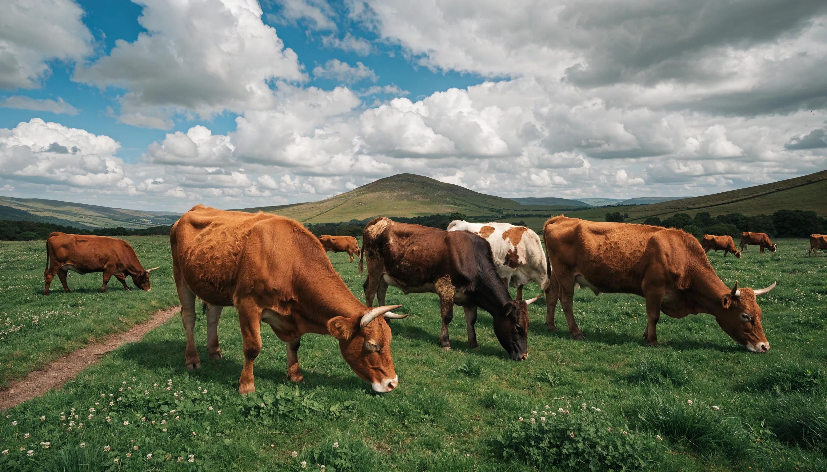 Cattle grazing in a green pasture, symbolizing ethical sourcing and animal welfare in beef production