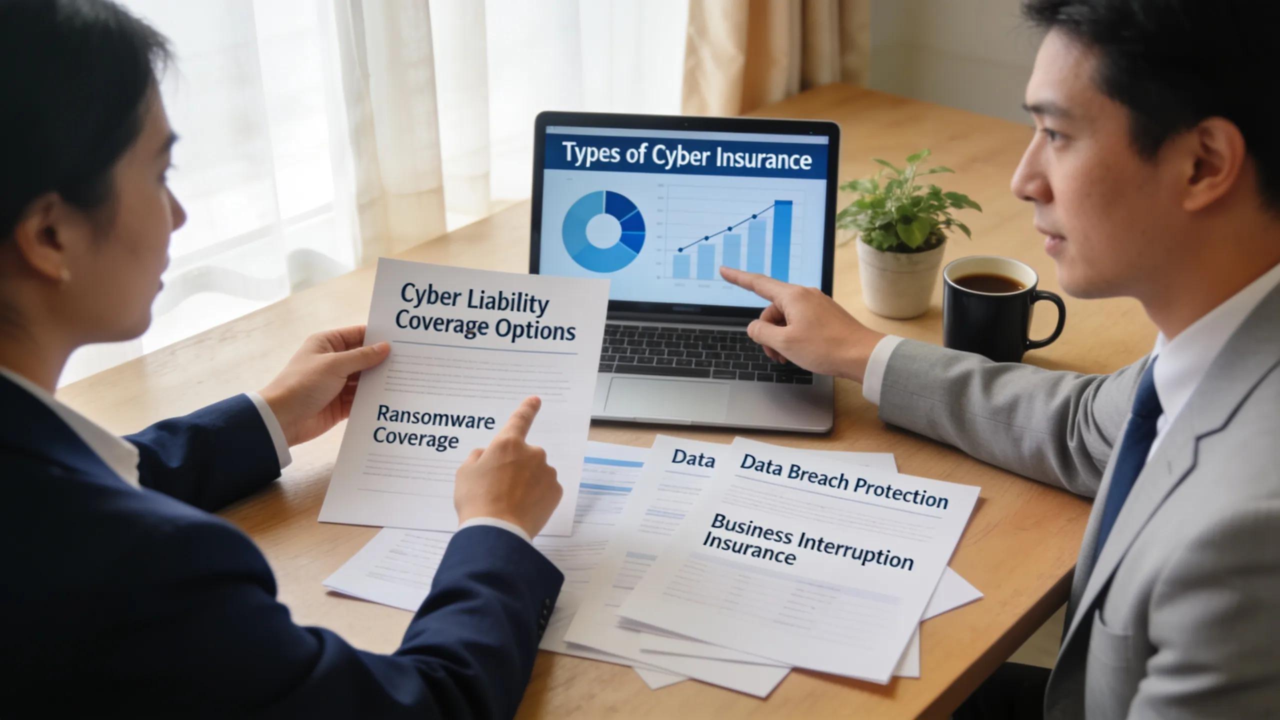 Business owner and insurance agent discussing various cyber liability coverage options in a cozy office