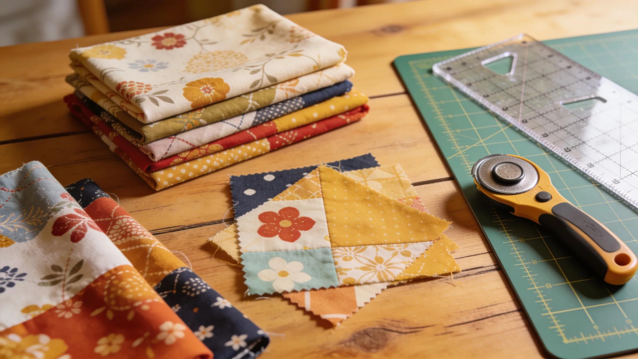 Quilting supplies including fabric, rotary cutter, and cutting mat, emphasizing essential tools for beginners