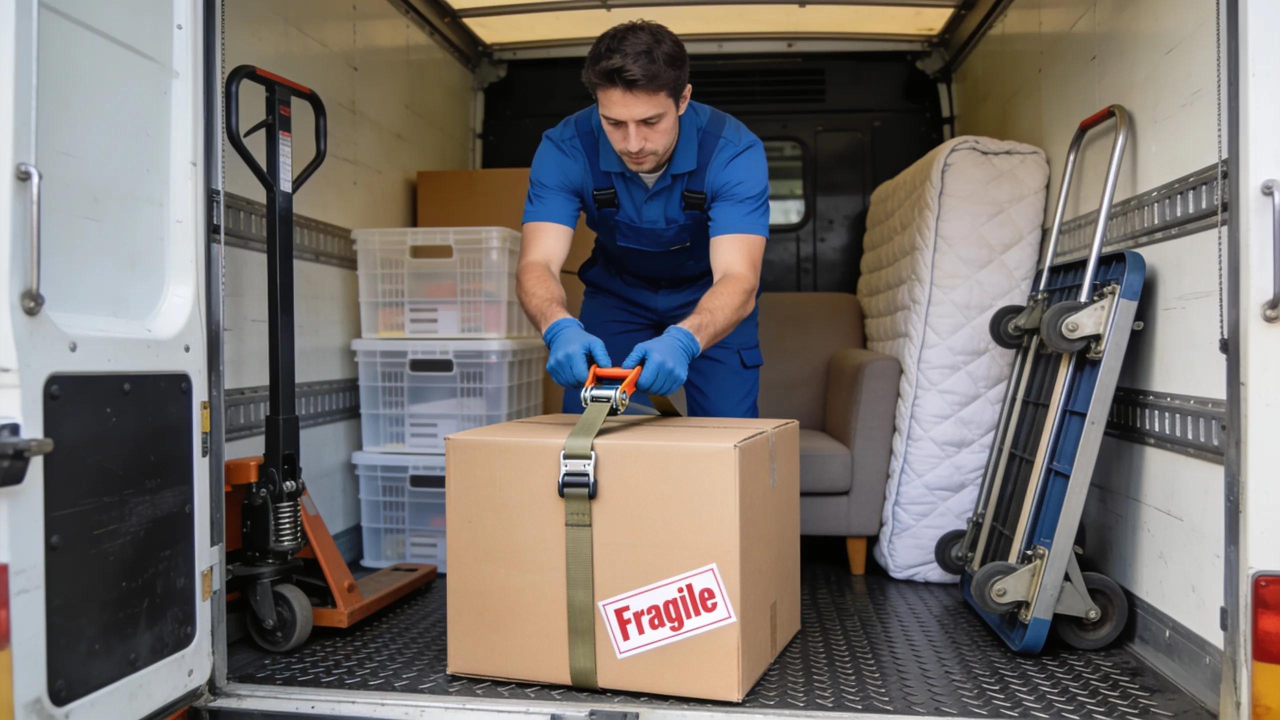 Mover securing a box inside a moving truck, emphasizing transportation safety measures