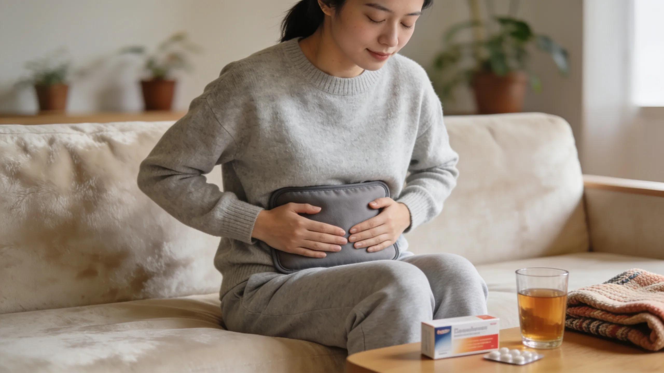 A woman finding comfort with a heat pad during menstrual pain, emphasizing relief methods