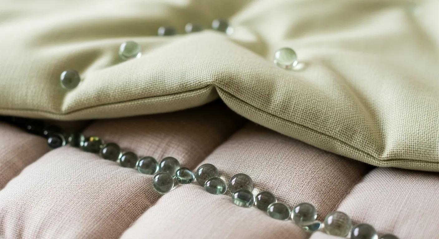 Close-up of soft organic bamboo fabric and small glass beads inside a weighted blanket, highlighting sustainable components