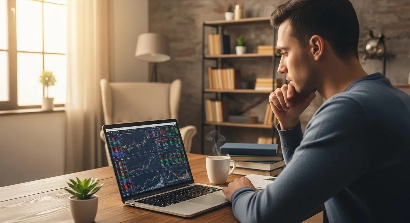 Investor analyzing financial data on a laptop in a cozy workspace Investor analyzing financial data on a laptop in a cozy workspace
