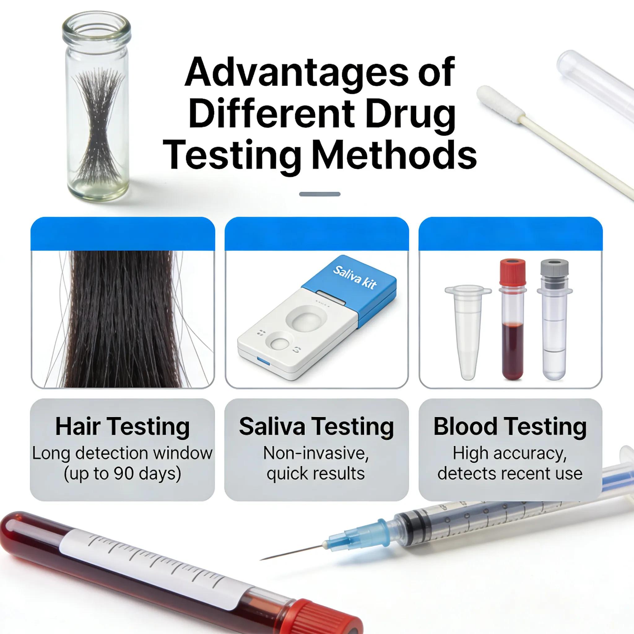 Visual representation of hair, saliva, and blood testing methods for drug screening, emphasizing their distinct advantages