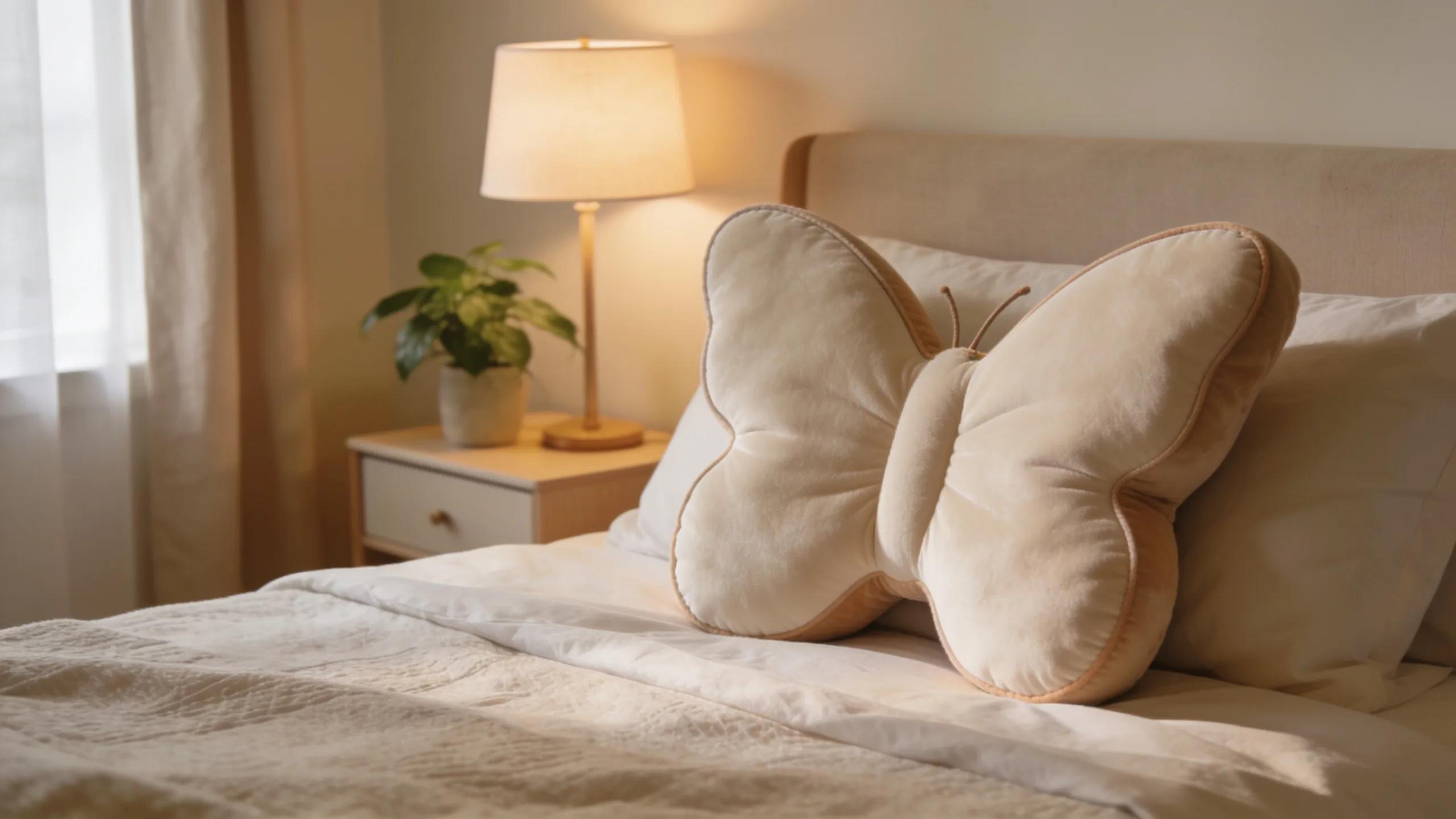 Cozy bedroom with a butterfly pillow on a bed, highlighting ergonomic design and comfort