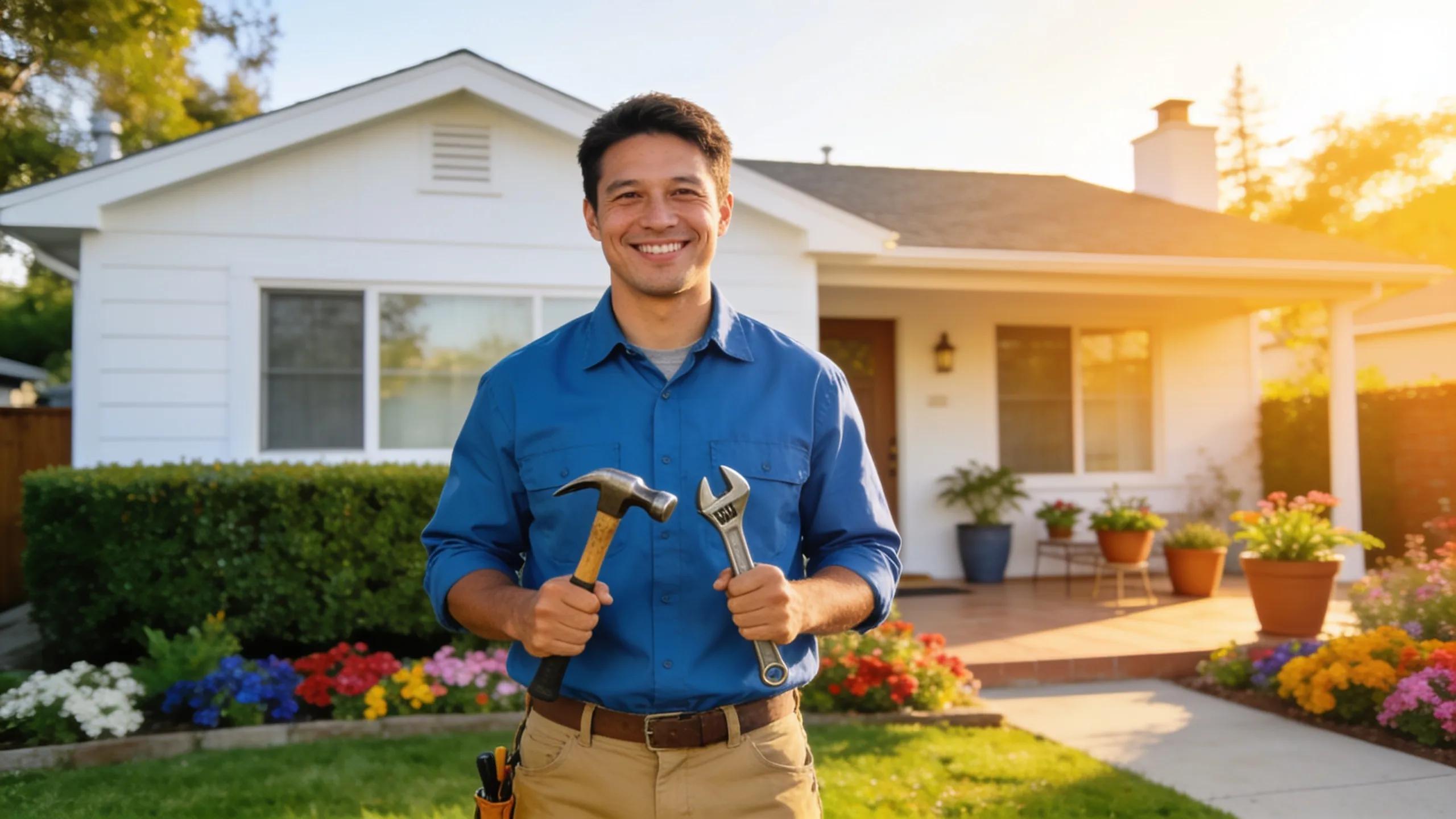 Trustworthy handyman with tools in front of a San Jose home, representing affordable home repair services.
