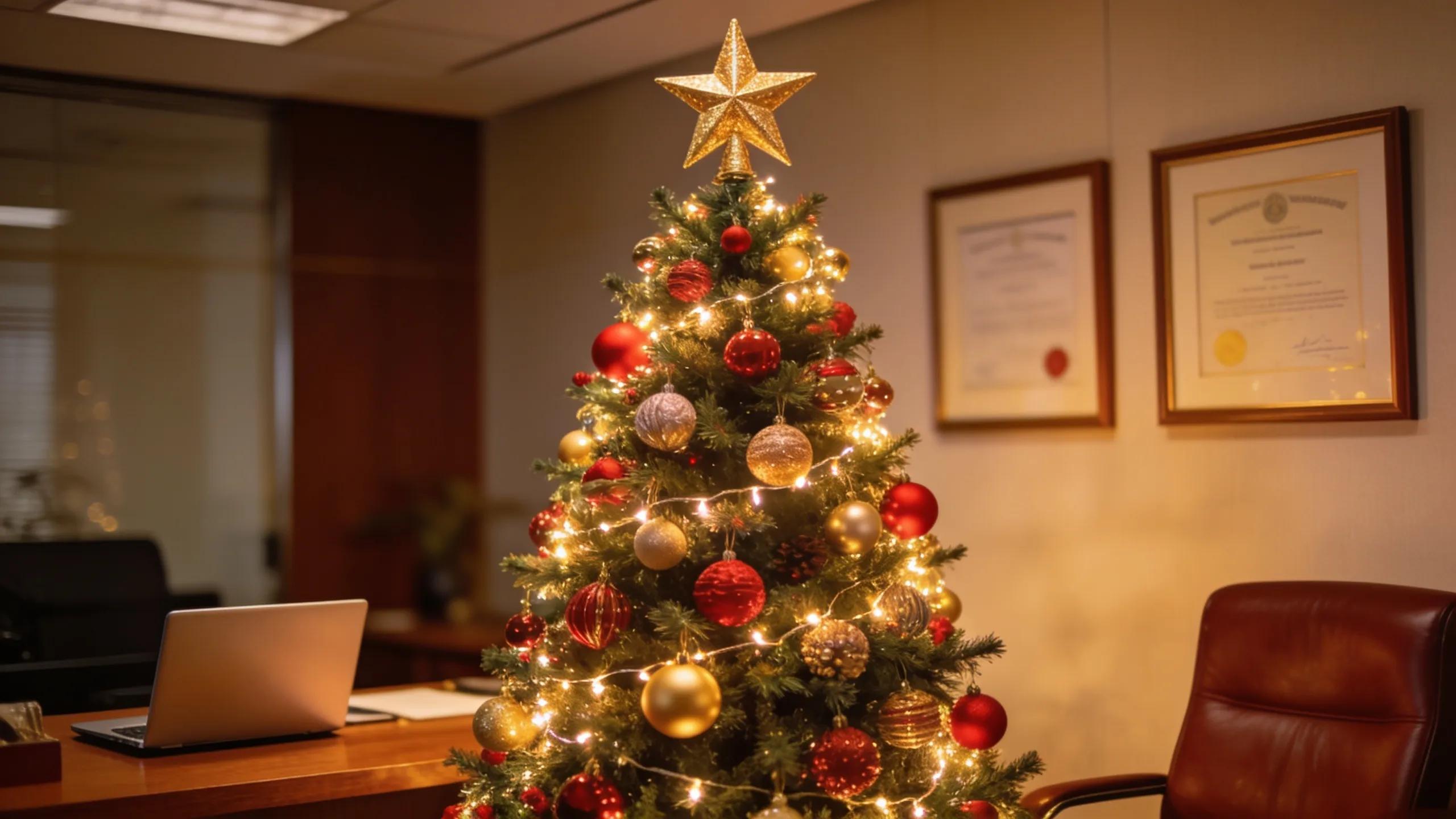 Festively decorated Christmas tree in a corporate office, enhancing workplace holiday spirit