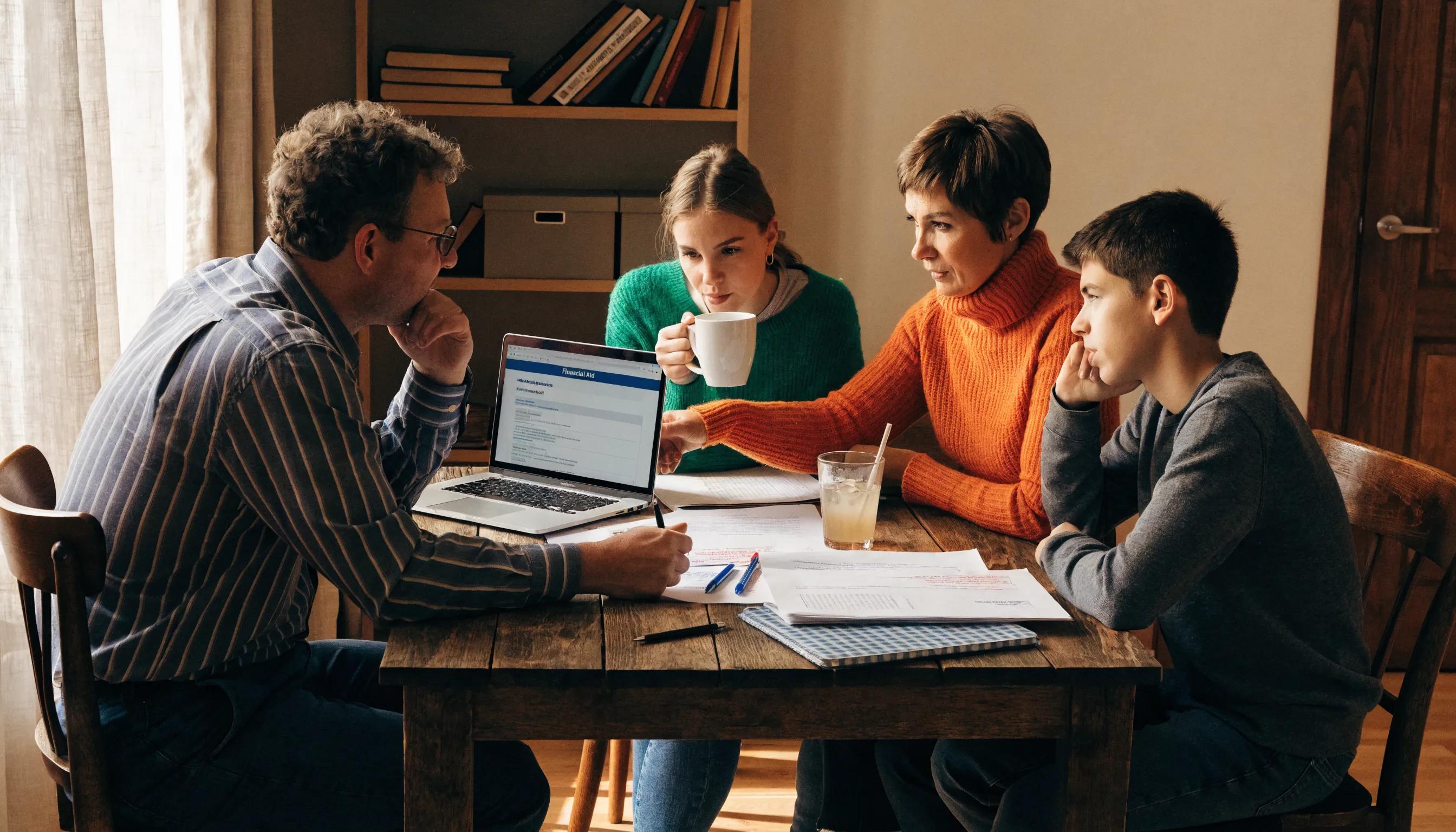 Family discussing financial aid options while reviewing college resources on a laptop at home