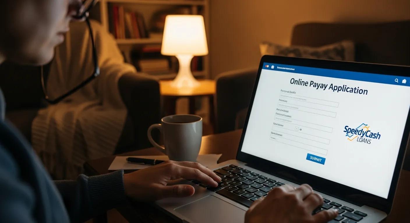 Close-up of hands filling out an online payday loan application in a cozy home setting Person completing an online payday loan application on a laptop, featuring the "SpeedyCash Loans" logo, with a coffee cup and warm lamp in a cozy setting, illustrating the convenience of digital loan services.