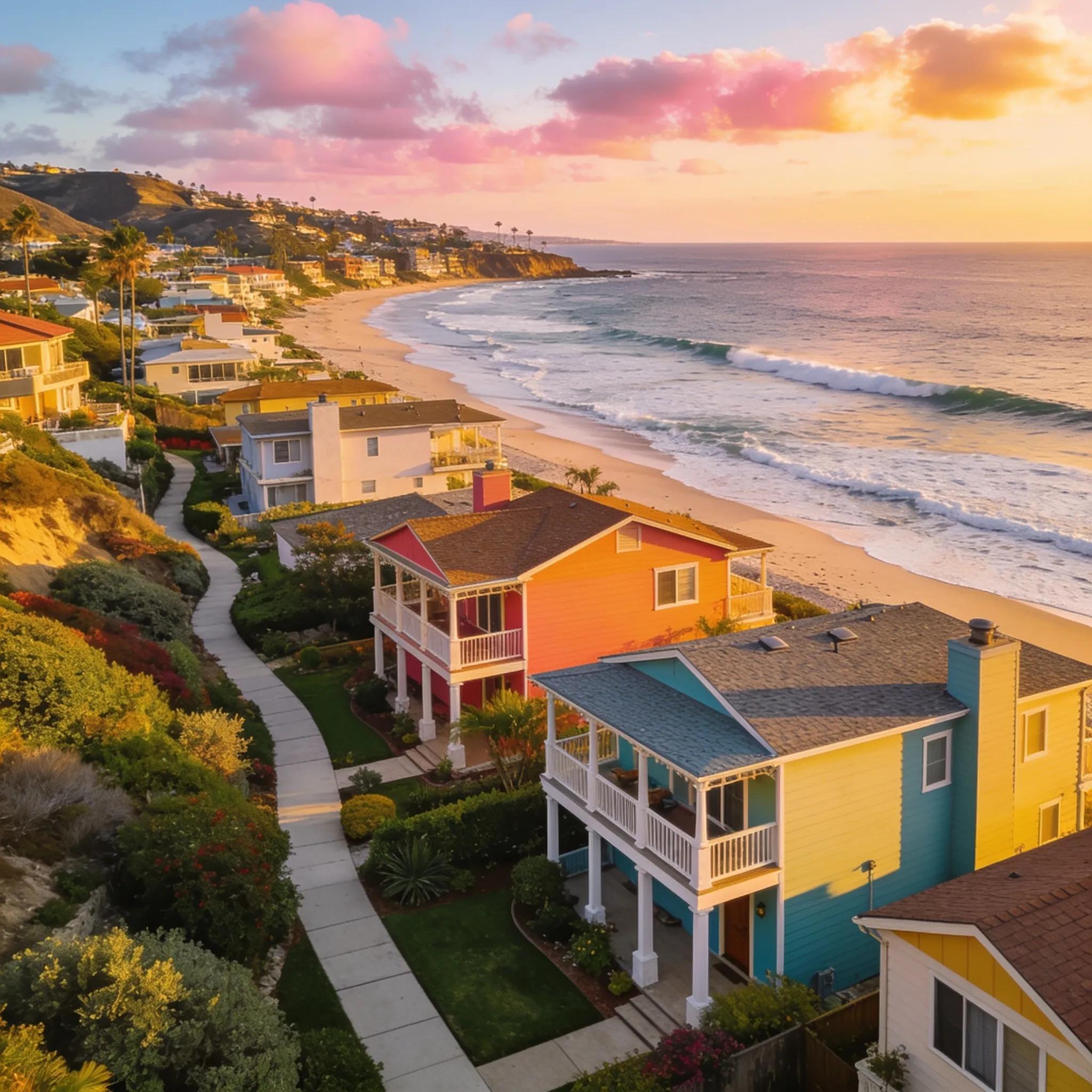 Sunset coastal view of Solana Beach showcasing upscale homes and the community's coastal charm