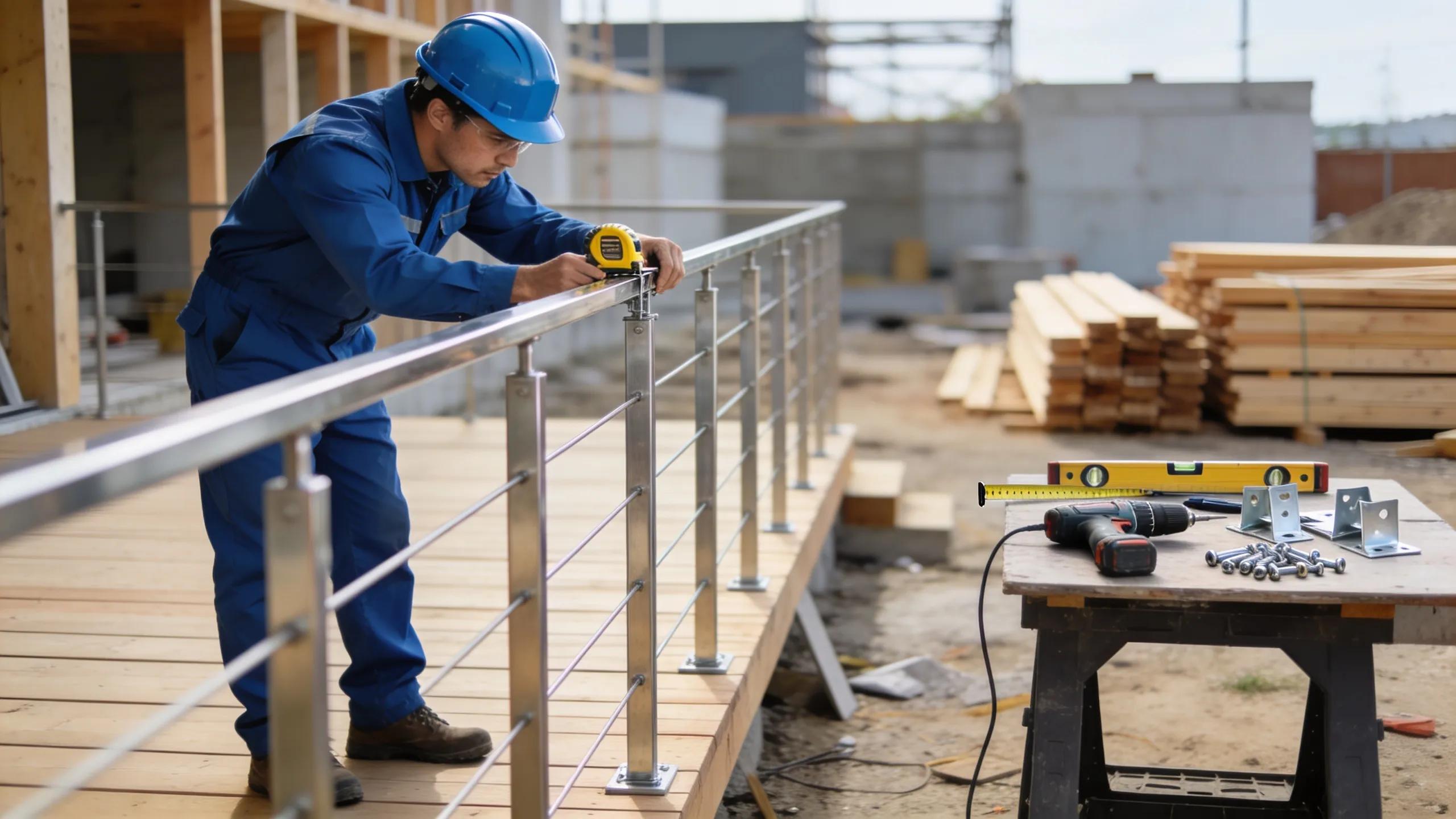 Construction worker installing stainless steel railing, ensuring secure attachment and adherence to building codes in