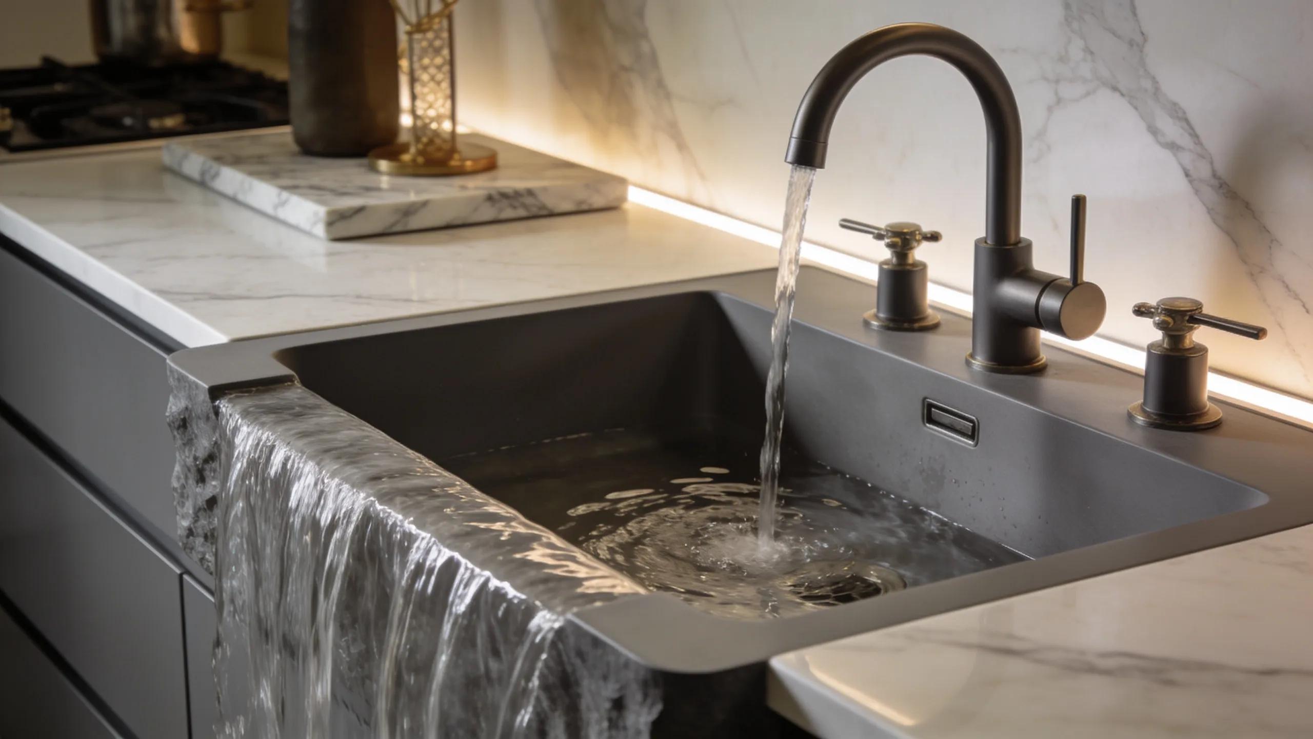Waterfall kitchen sink in gun grey matte finish, showcasing elegant design and functionality