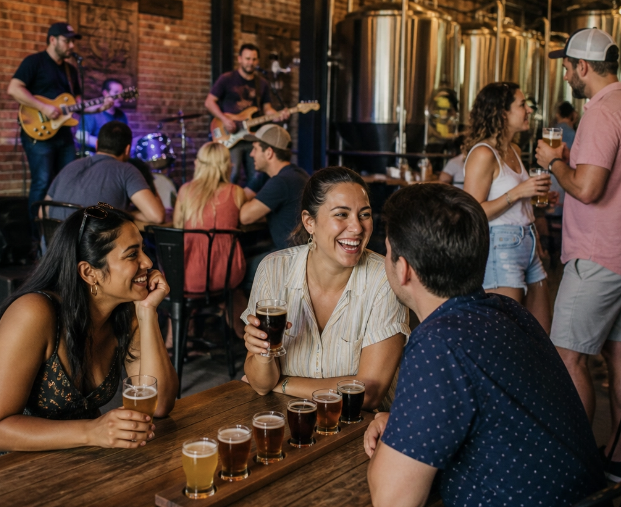 Happy people drinking a flight of local craft beers inside a brewery while listening to music Happy people drinking a flight of local craft beers inside a brewery while listening to music
