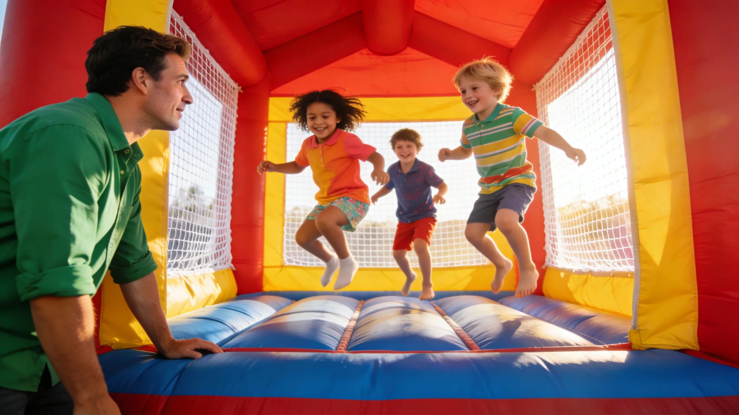 Children playing in a bounce house with safety features, emphasizing the importance of safety in inflatable rentals