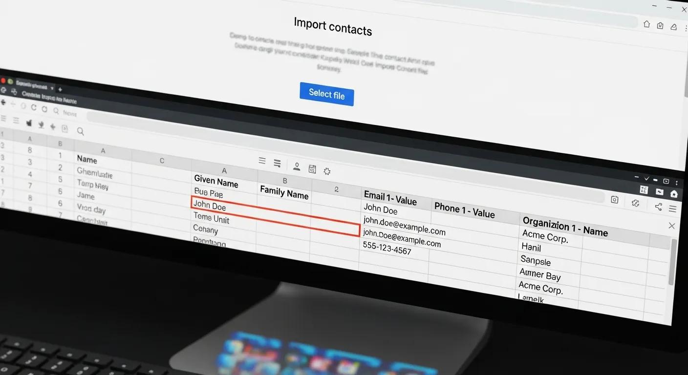 Close-up of a CSV file on a computer screen ready for Gmail contact import