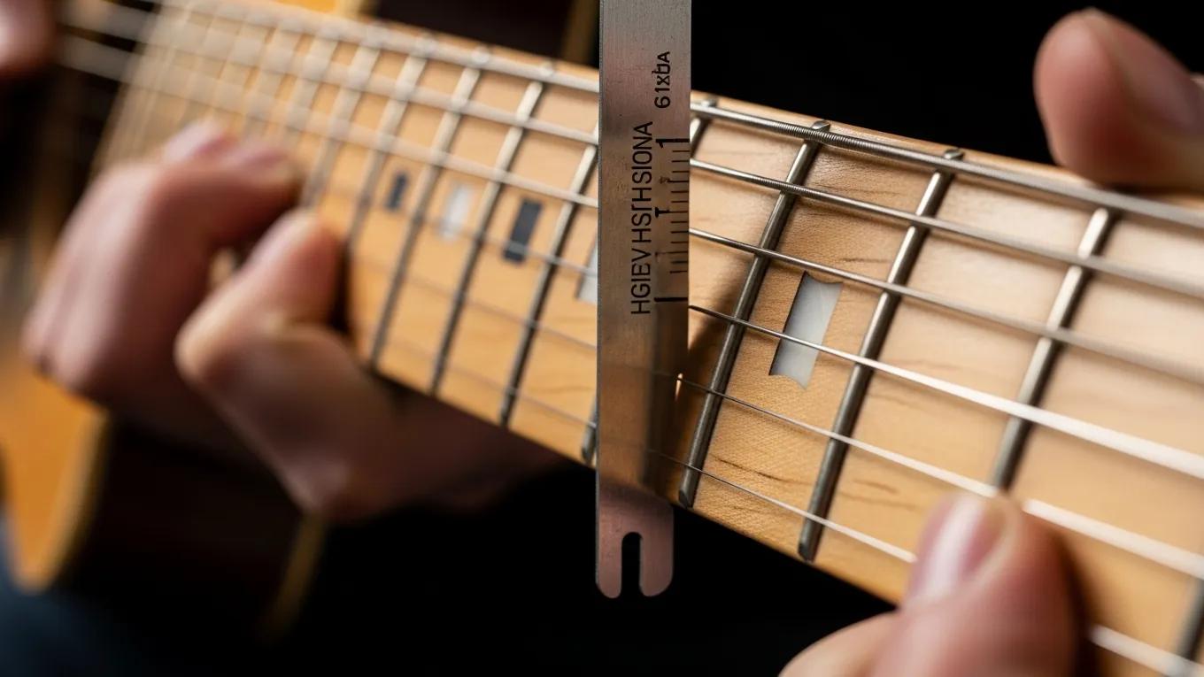 Close-up of guitar action measurement, highlighting the discomfort caused by high action and the need for adjustment