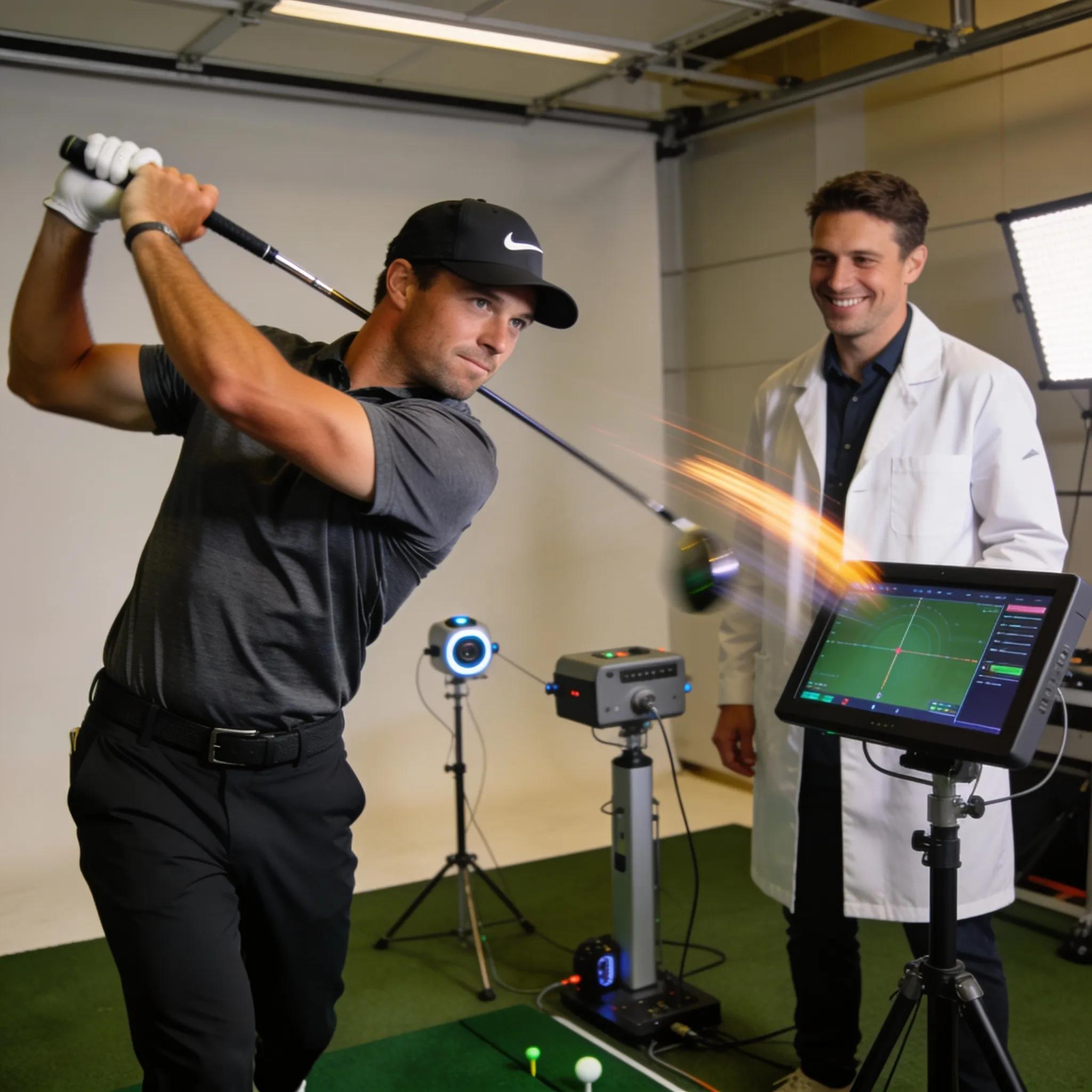 Golfer participating in a custom club fitting session with precision measurement tools