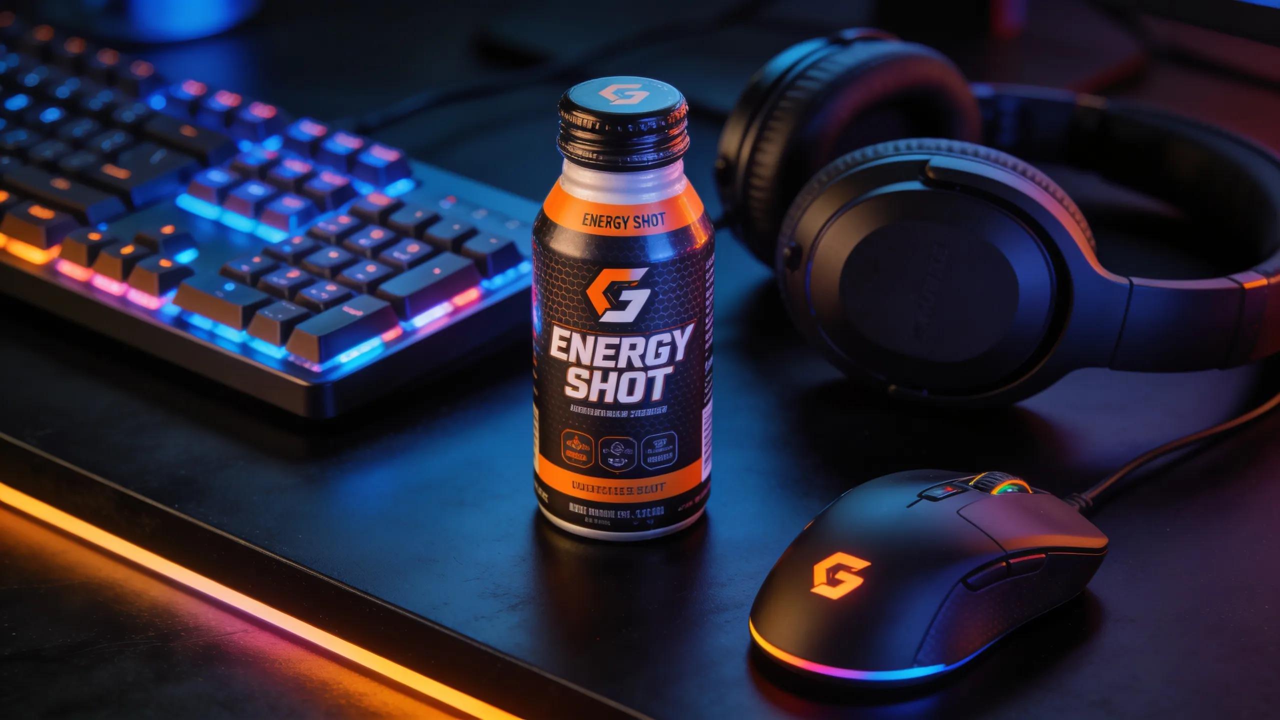 Gaming energy shot product with gaming peripherals on a stylish desk