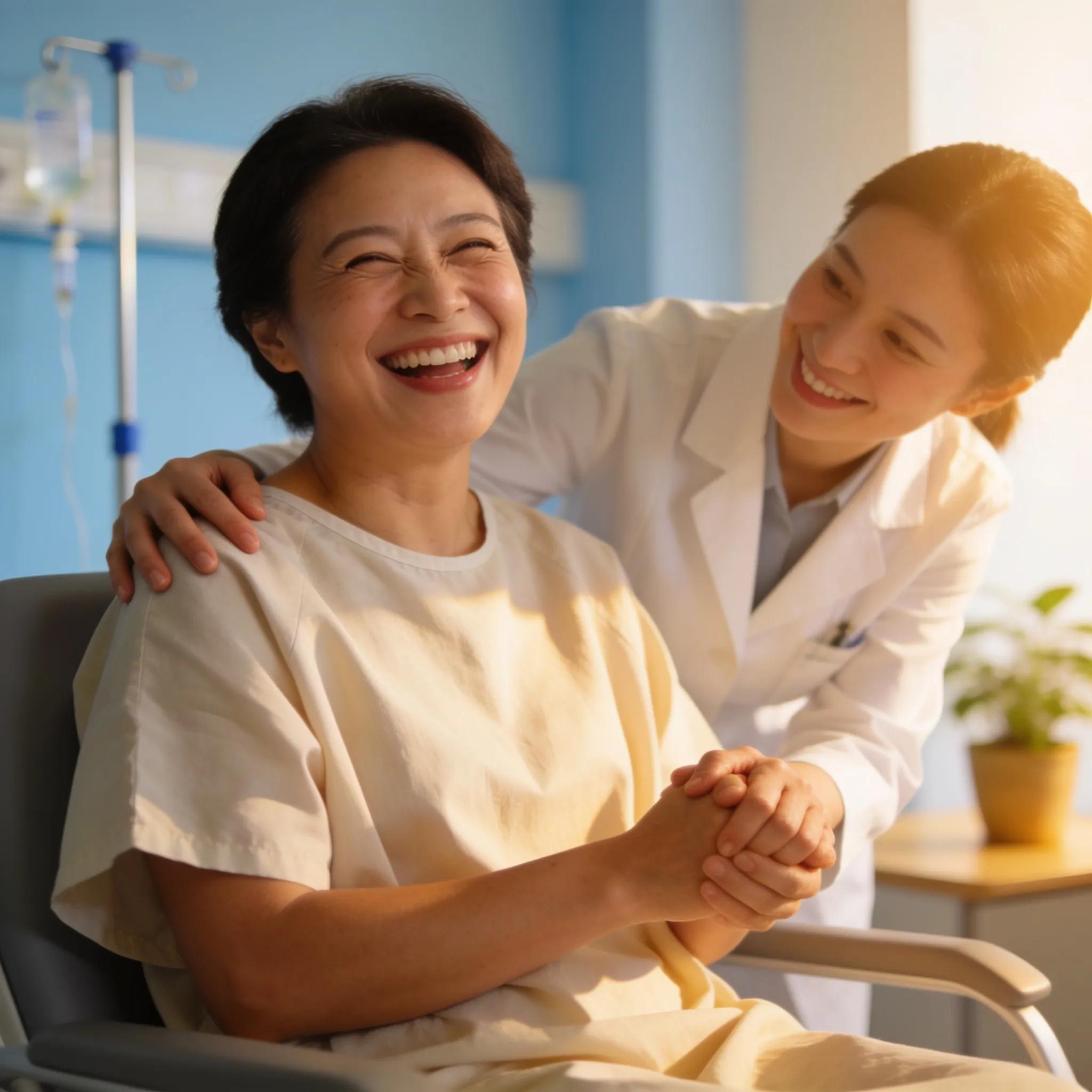 A happy patient after receiving MUSE cell therapy in a clinical environment
