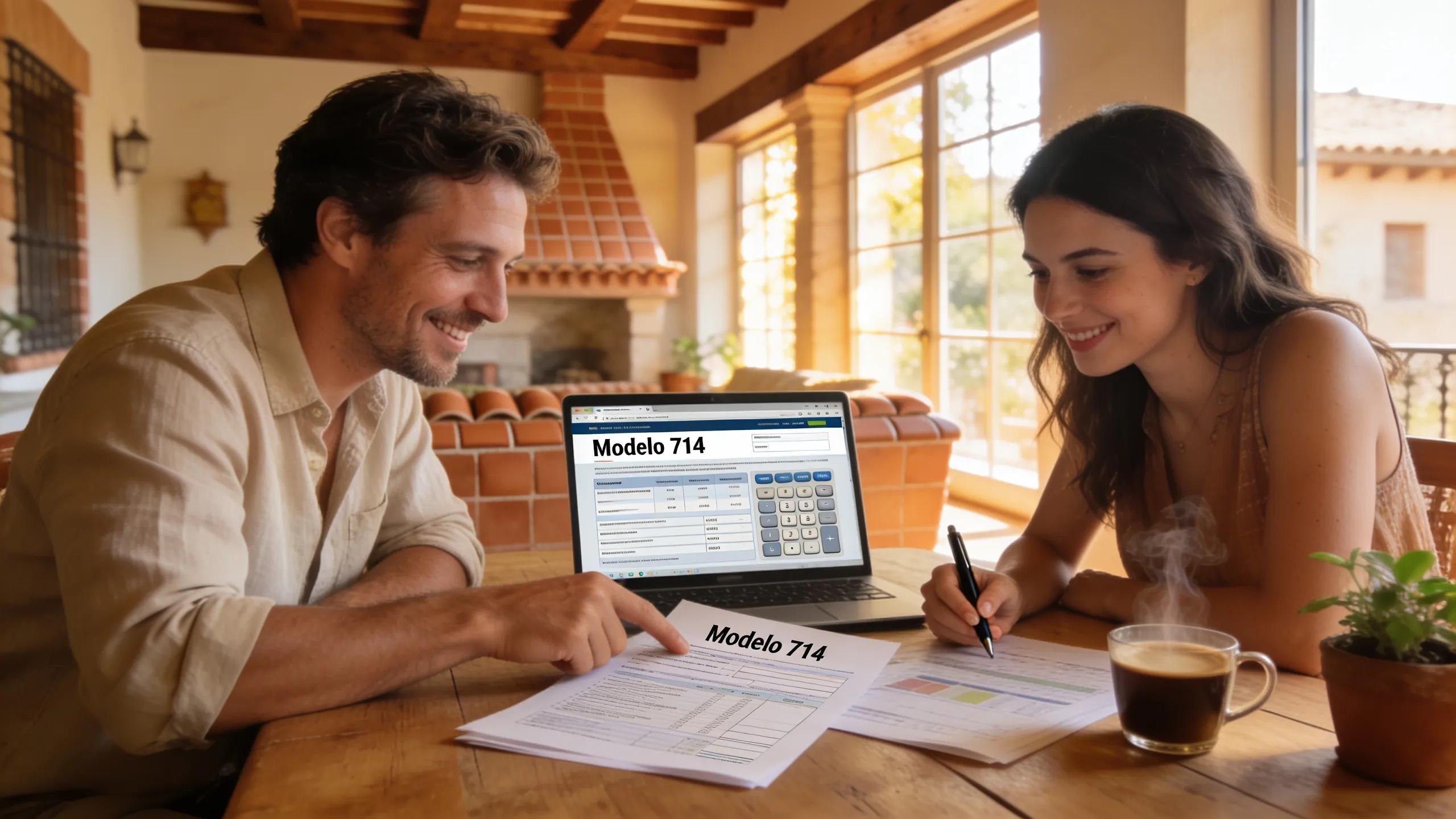 Expat couple discussing financial documents in a cozy Spanish home Expat couple discussing financial documents in a cozy Spanish home
