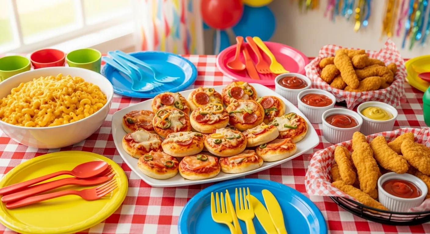 Kid-friendly dishes: mini pizzas, macaroni and cheese, and chicken tenders Kid-friendly dishes: mini pizzas, macaroni and cheese, and chicken tenders