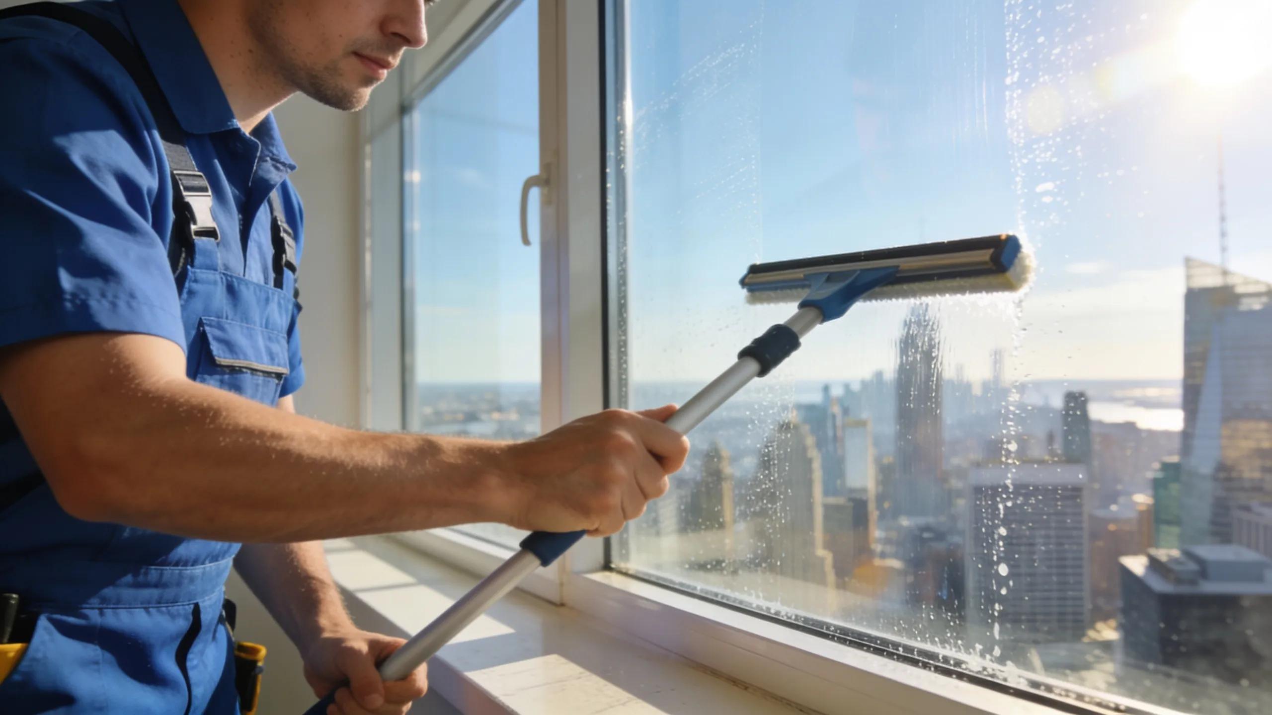 Professional window cleaner using squeegee on large window in Phoenix