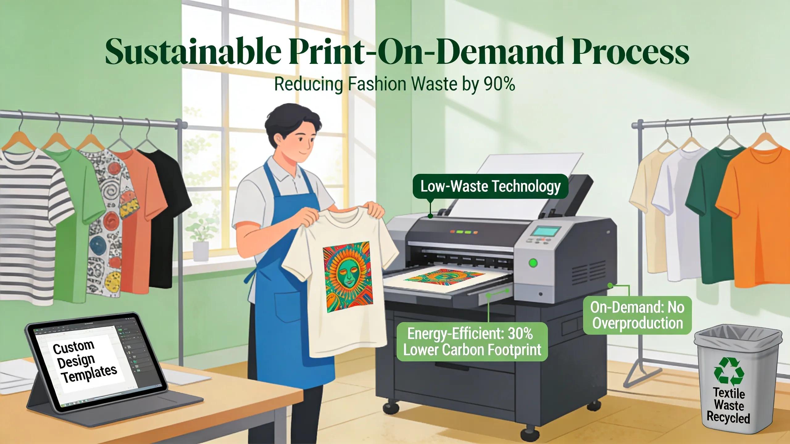 Printing studio showcasing print-on-demand process for eco-conscious apparel, highlighting sustainability efforts