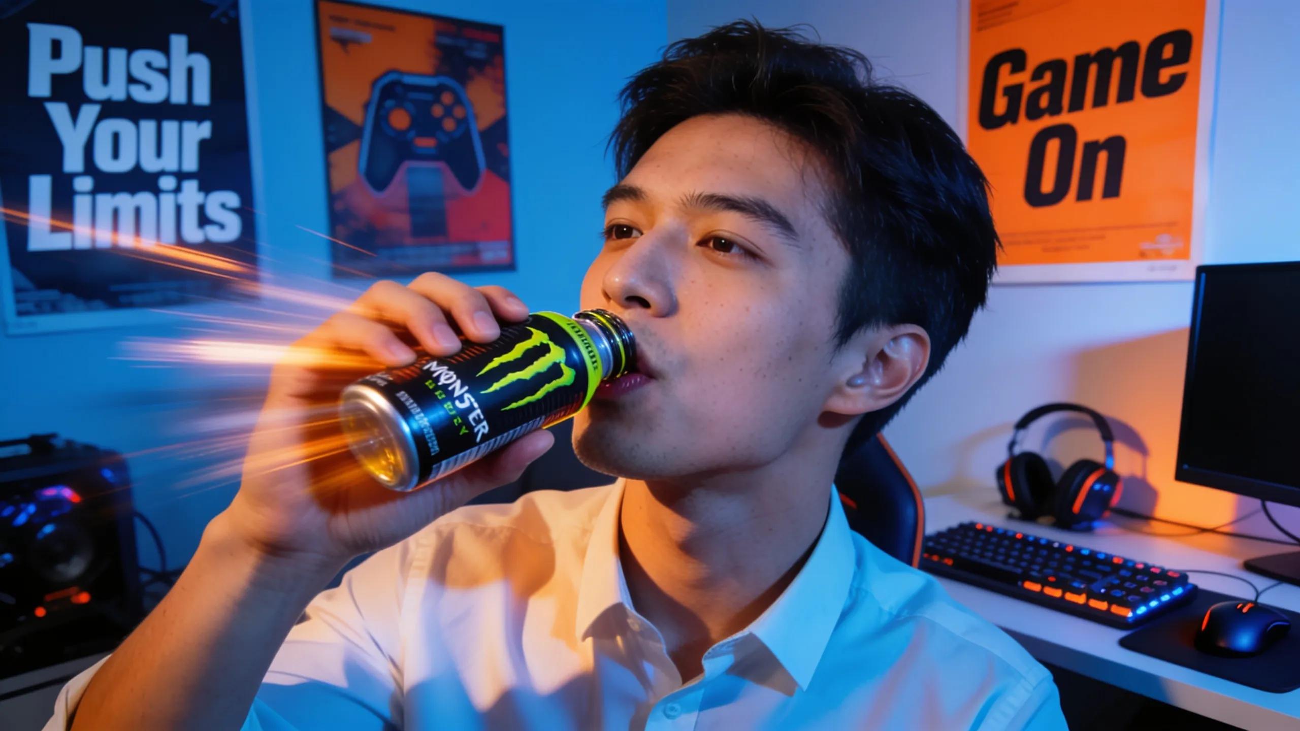 Young professional focused on work with an energy shot in a modern workspace