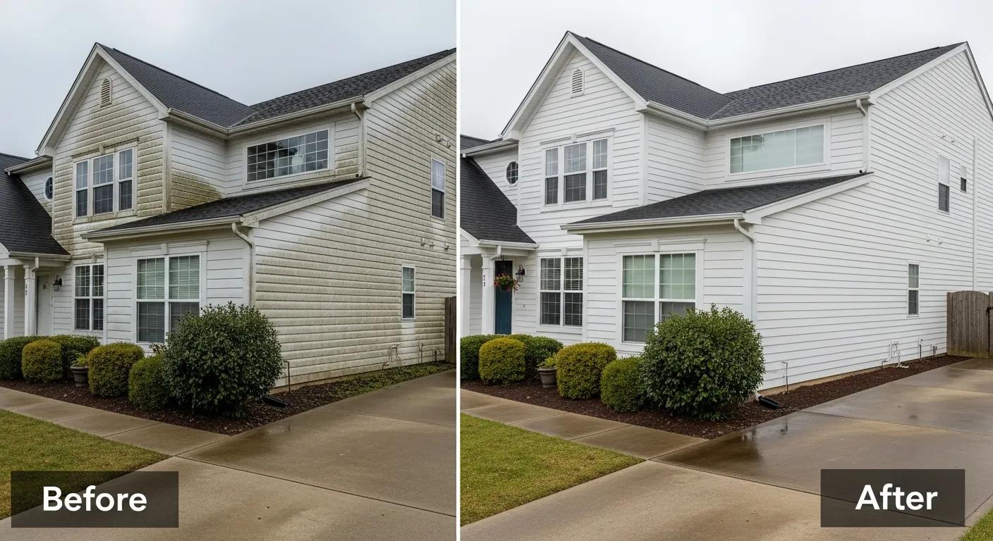 Before and after comparison of house washing showing improved curb appeal