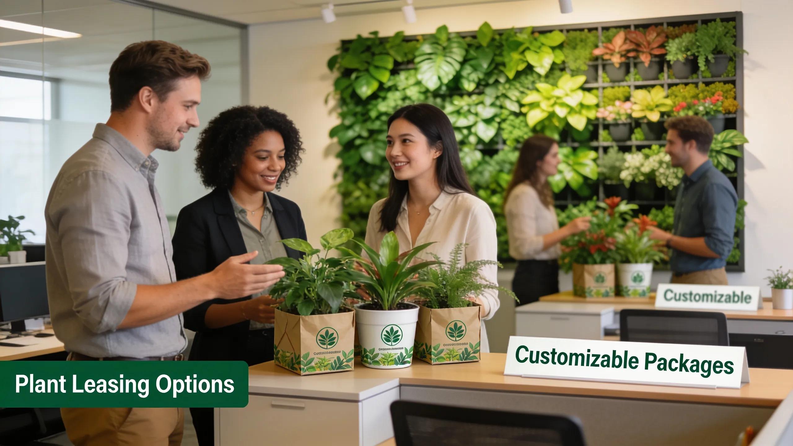Corporate employees discussing customized indoor plant leasing options in an office setting