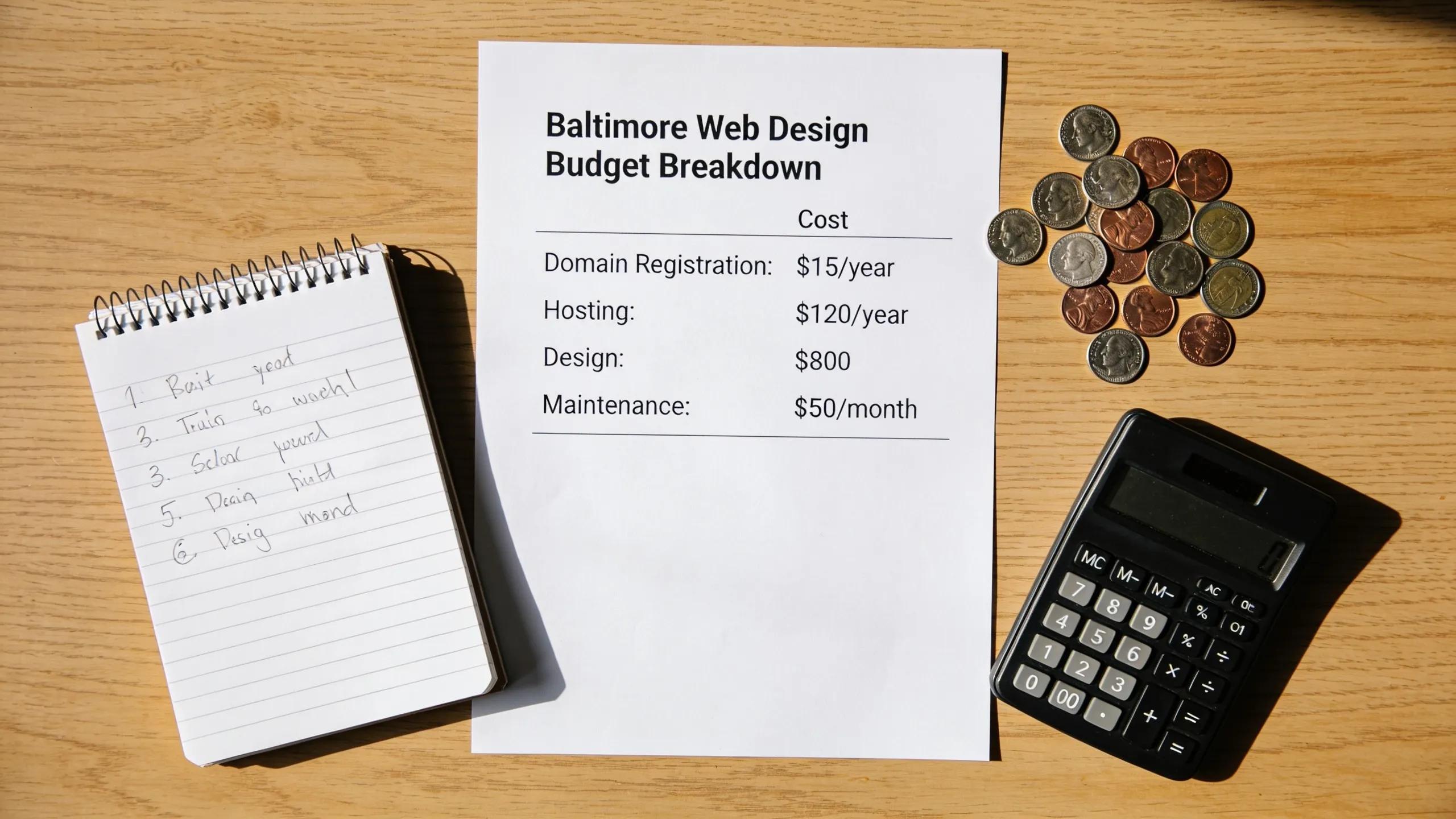Flat lay of budgeting tools including calculator, coins, and web design cost estimates, emphasizing financial planning for web design.