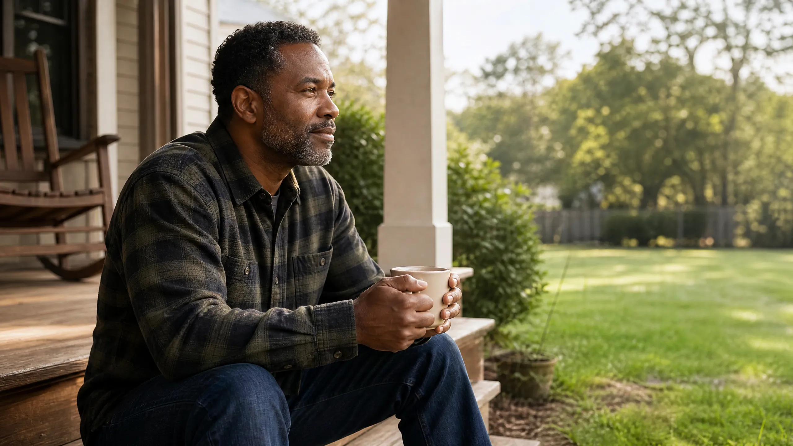 Veteran in his 40s sitting on his back porch with a cup of coffee, calm and thoughtful