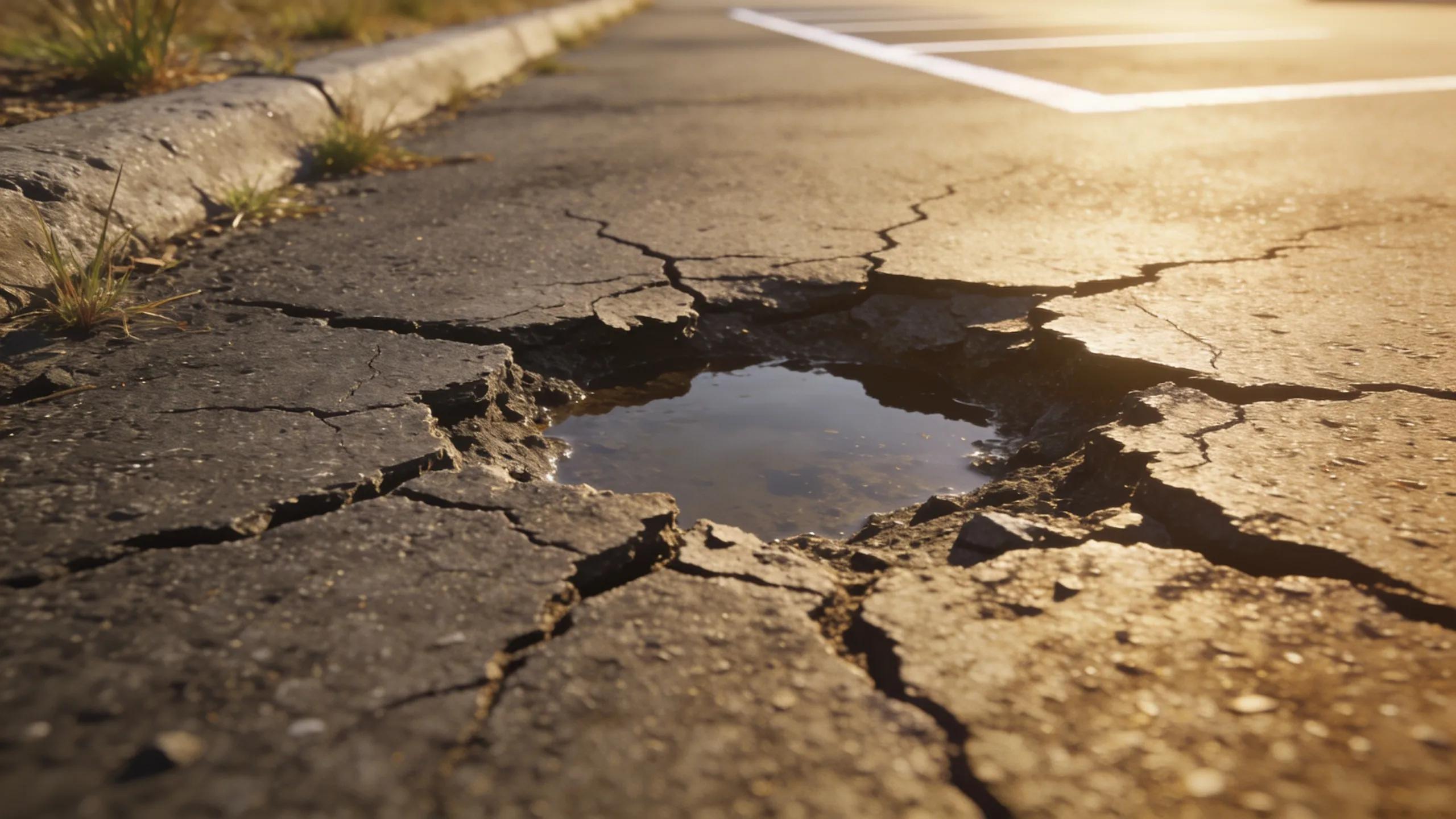 Close-up of cracked asphalt and pothole indicating need for urgent repair in a parking lot