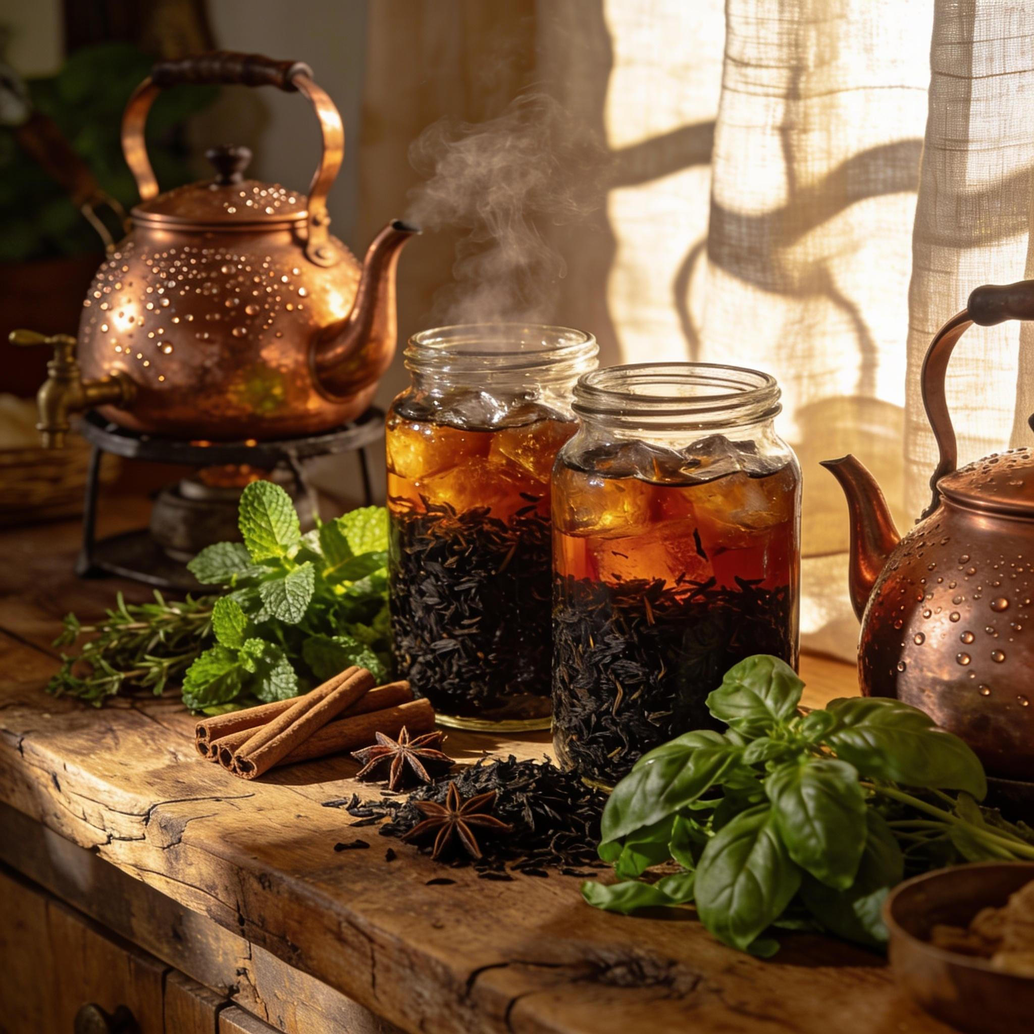 Rustic jars of iced tea with herbs and spices