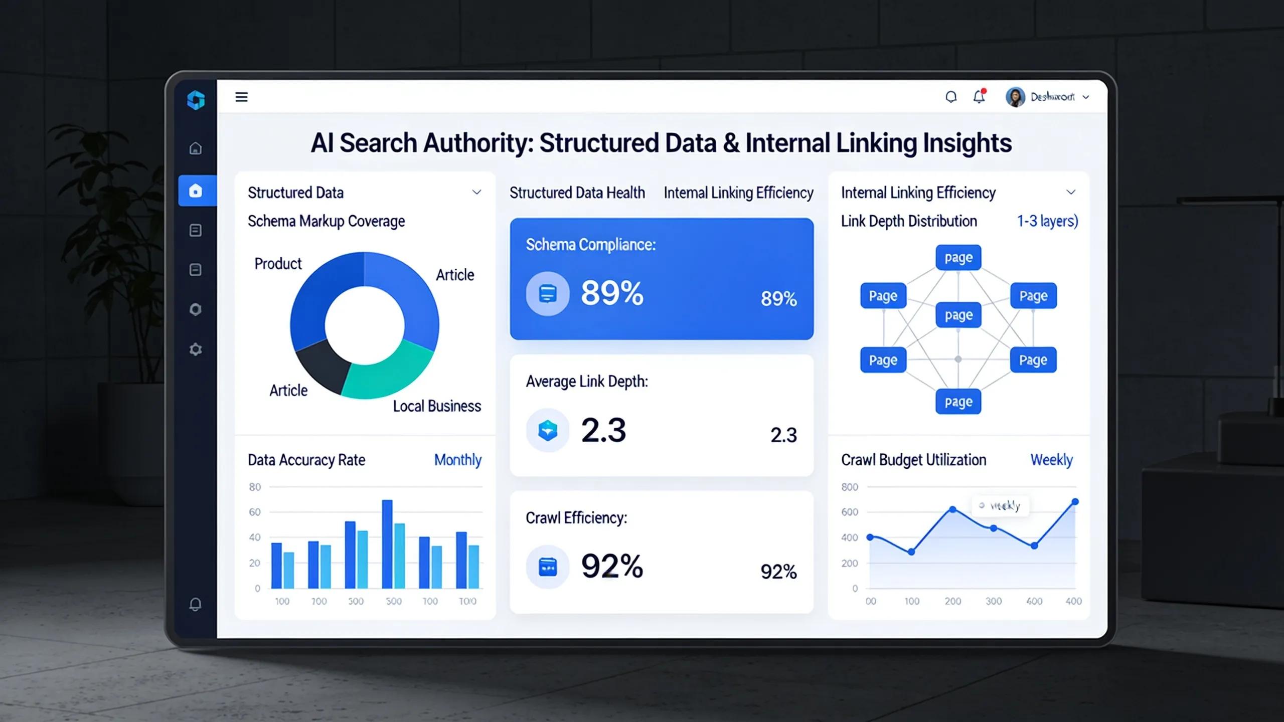 Digital dashboard highlighting structured data and internal linking strategies for AI search authority