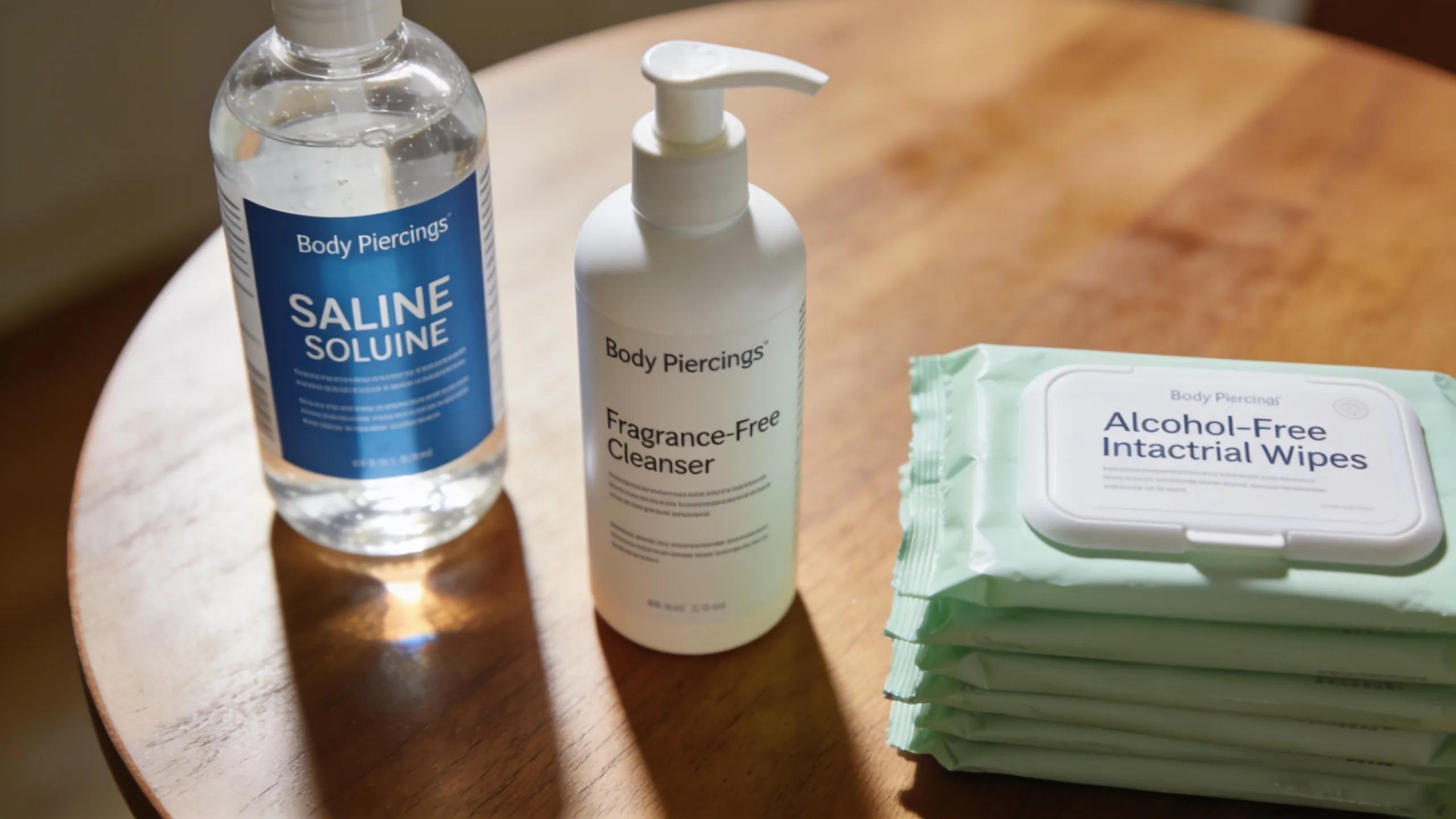 Recommended cleaning products for body piercings: saline solution, fragrance-free cleanser, and antibacterial wipes