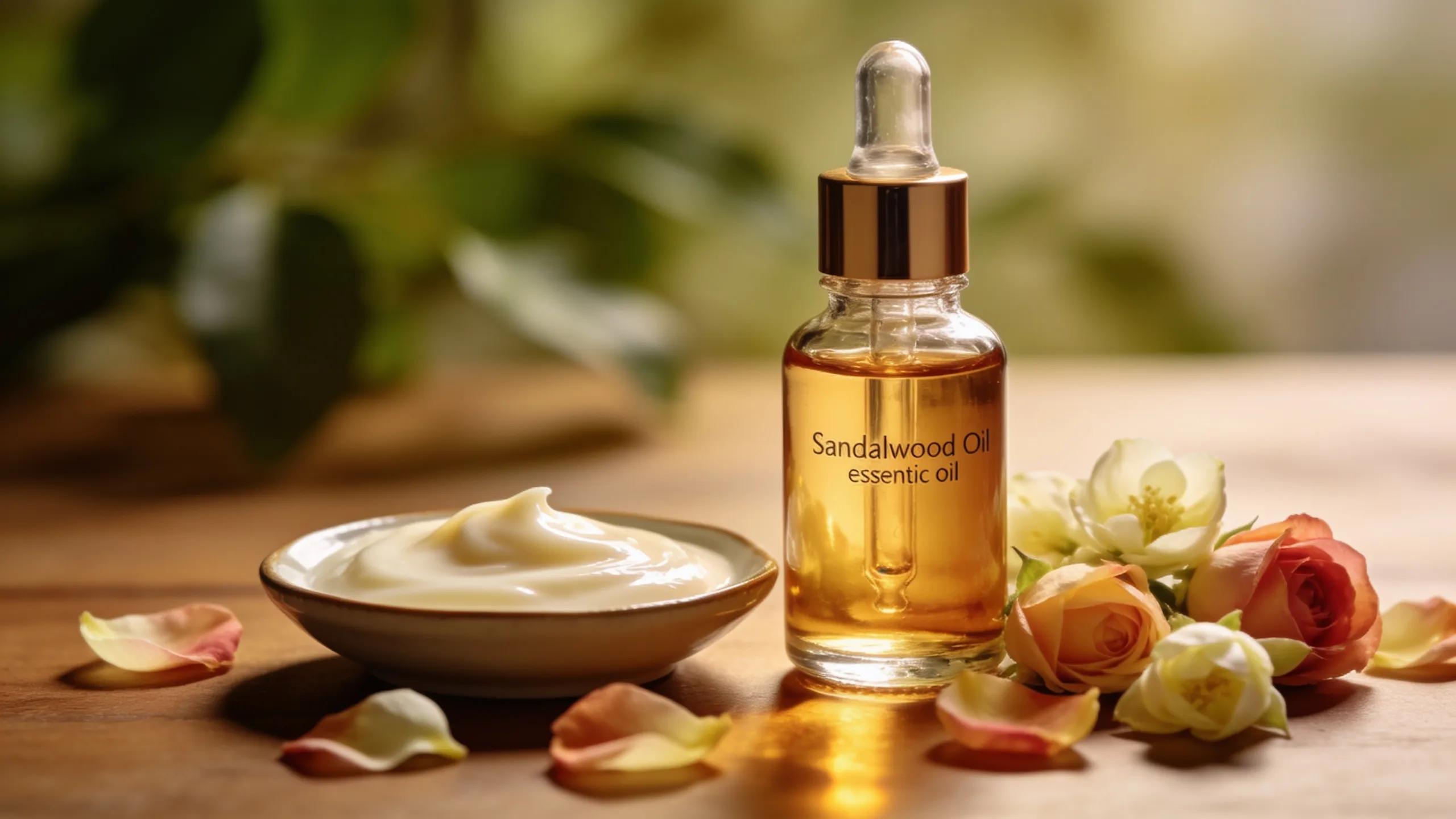 Skincare arrangement showcasing sandalwood essential oil enhancing natural beauty