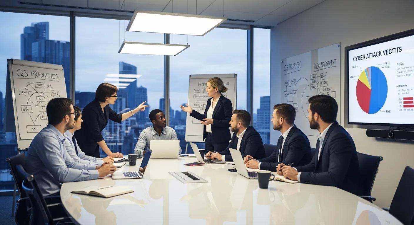 Team discussing cybersecurity priorities in a conference room