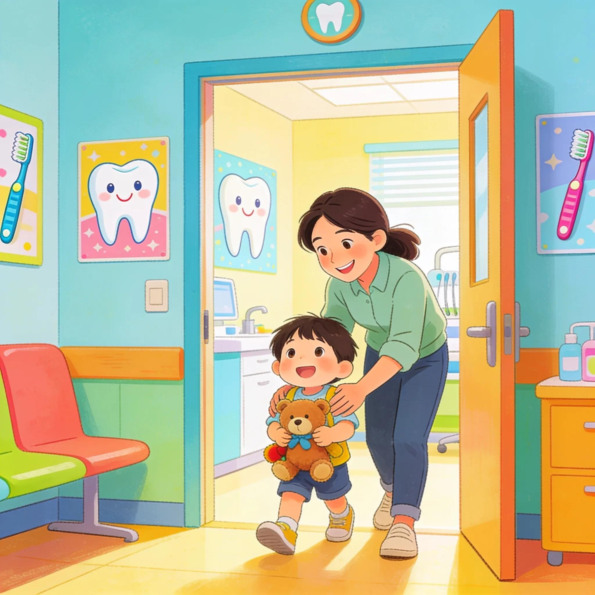 Parent and child entering a friendly pediatric dental clinic, focusing on creating a welcoming experience for first dental visit.