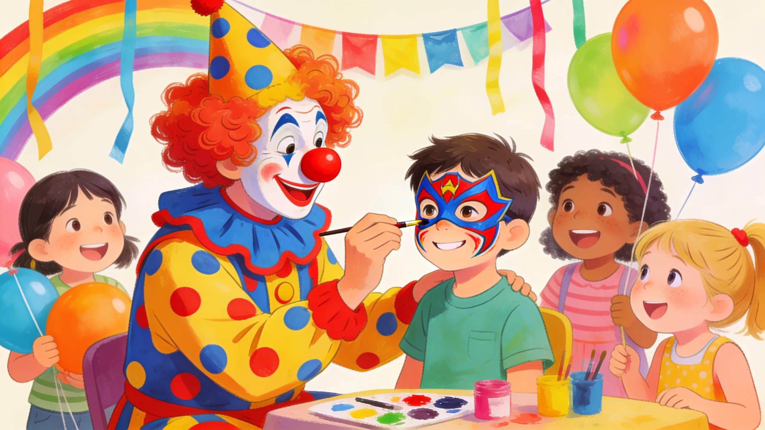 Clown applying face paint on a child's face, creating a superhero design, highlighting the creative engagement in children's party entertainment.