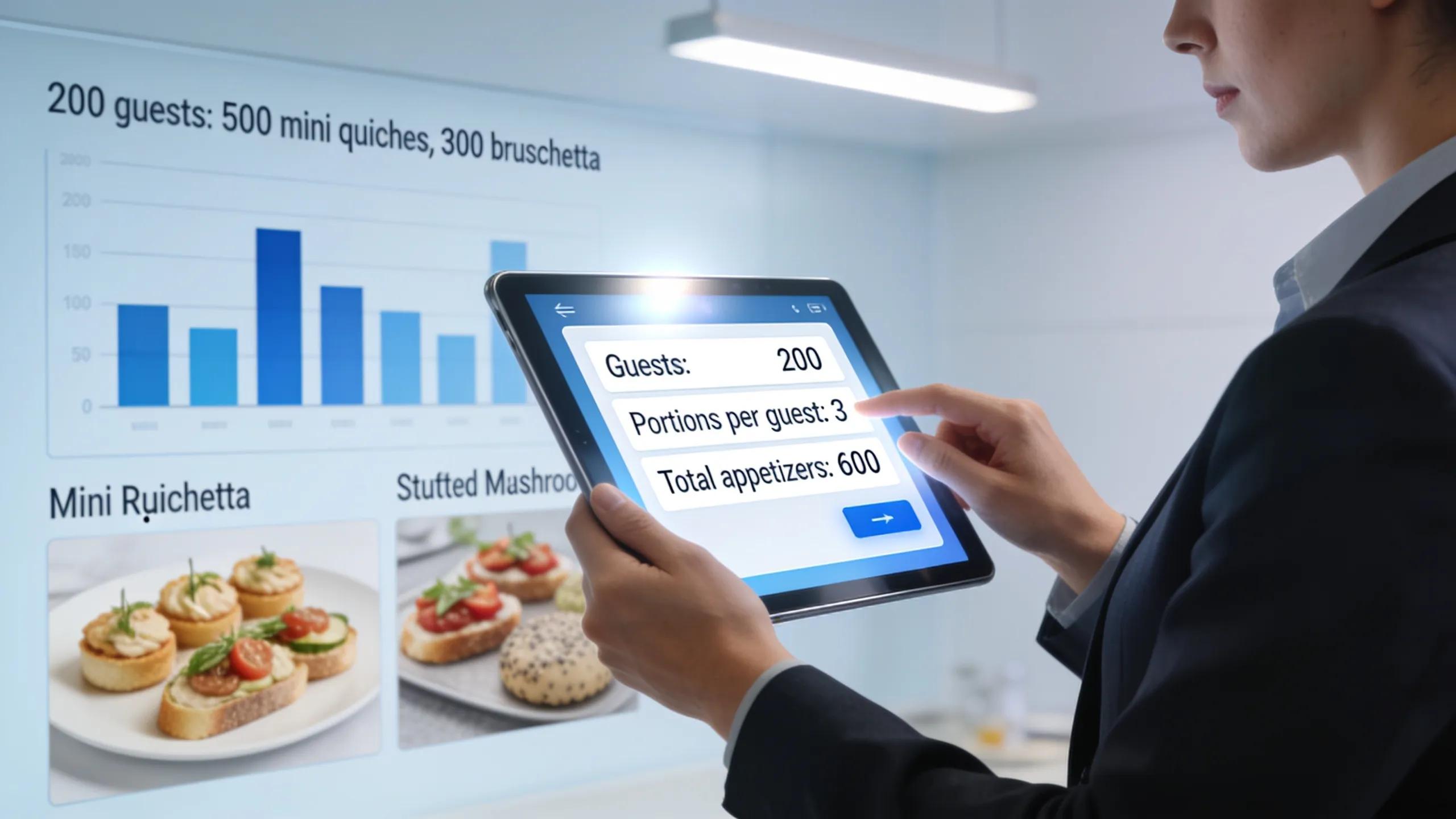 A corporate planner using a digital calculator for appetizer portions, symbolizing streamlined event preparation