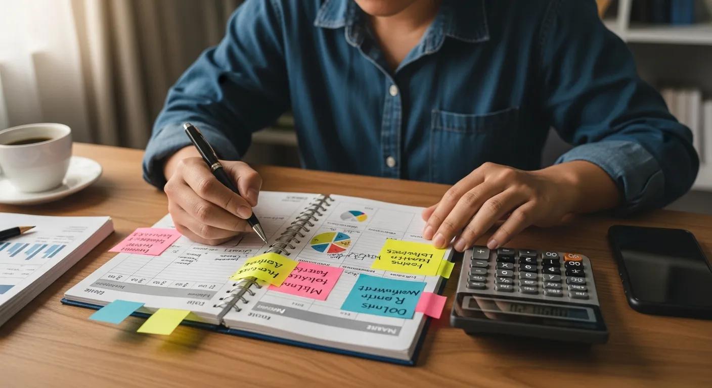 Person writing in a planner with sticky notes, calculator, and coffee, illustrating financial planning and organization for managing payday loan repayment in California.