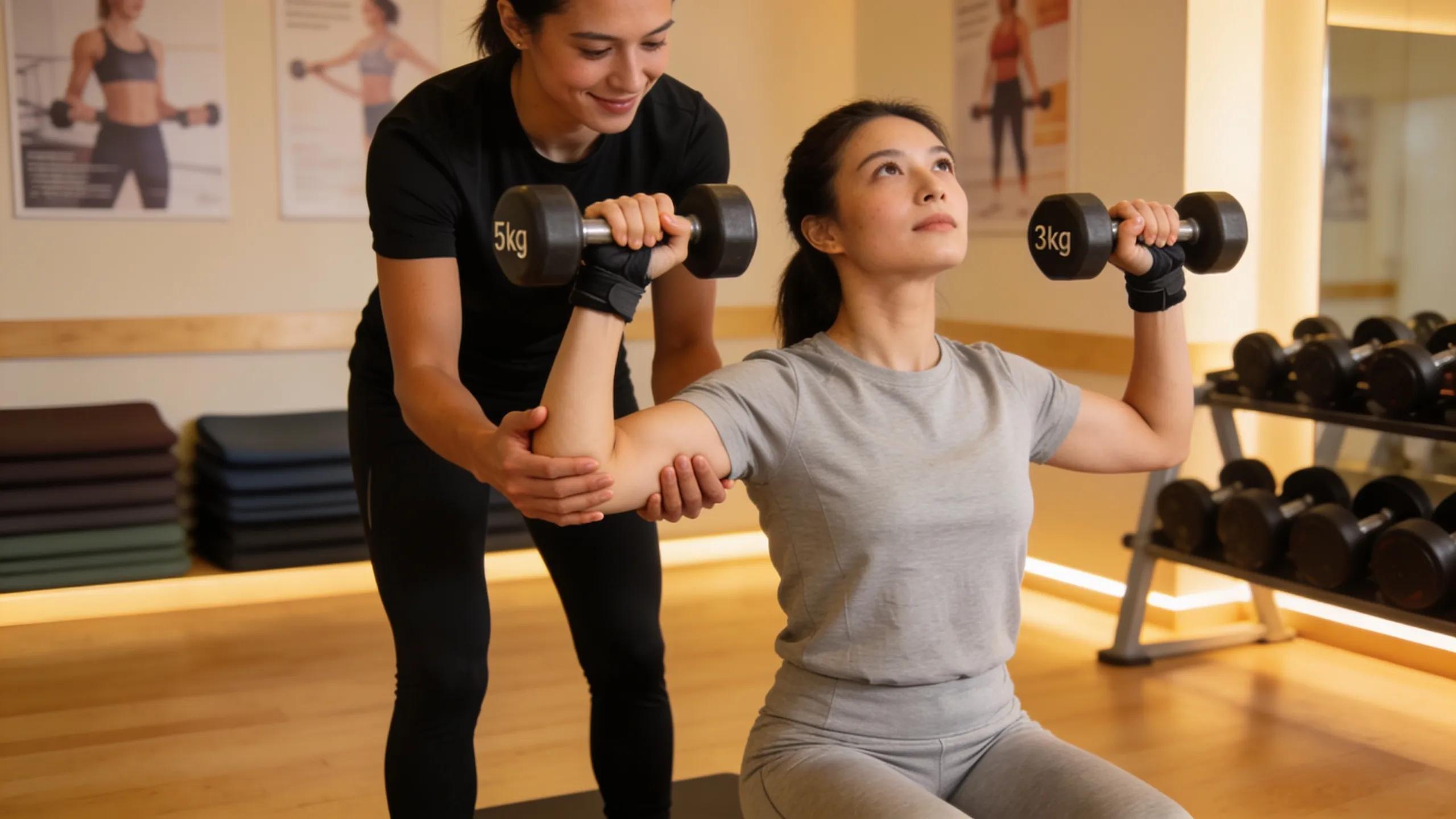 A trainer coaching a beginner through foundational strength movements in a supportive gym setting