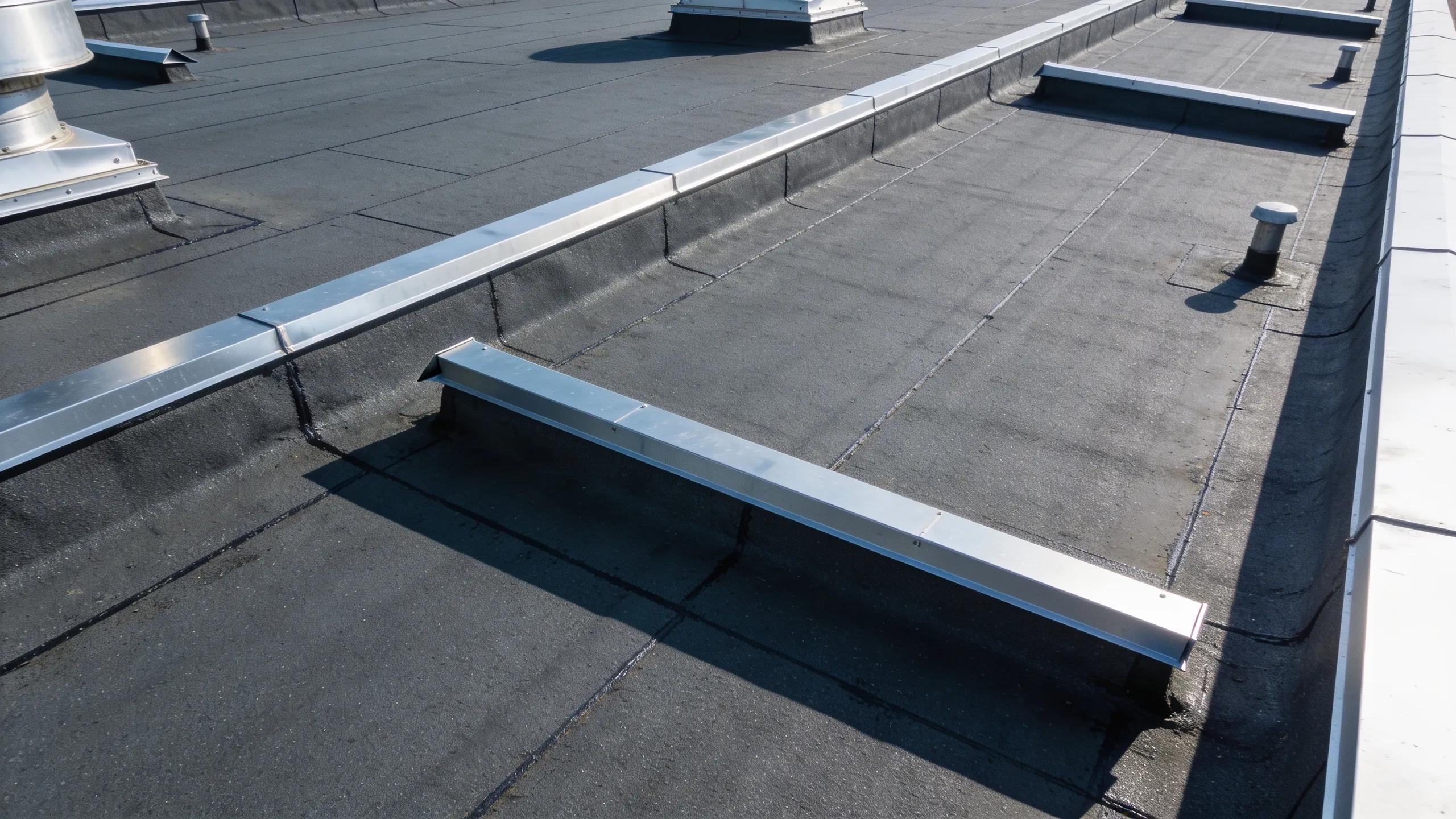 Commercial flat roofing system with membrane, seams, and flashings on a large building rooftop