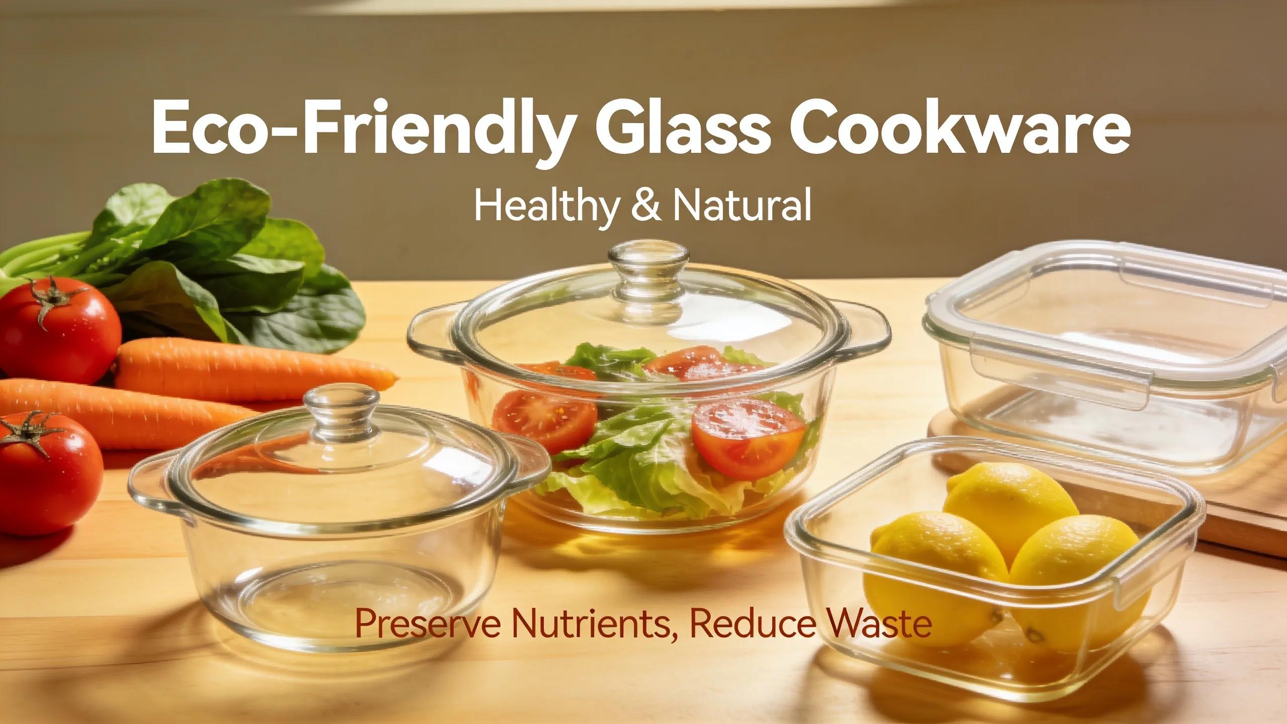 Healthy glass cookware with fresh food items emphasising health and environmental benefits