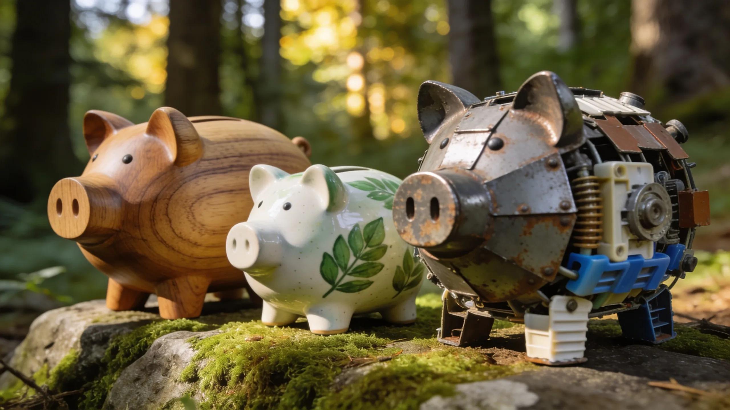 Various sustainable materials for eco-friendly piggy banks including wood, ceramics, and recycled components