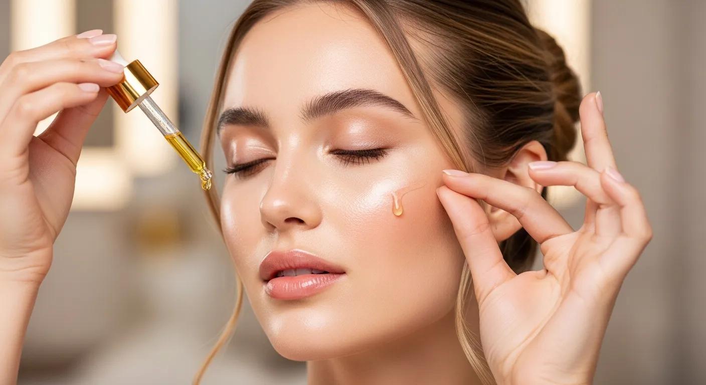 Model applying Vitamin C serum showcasing glowing skin benefits