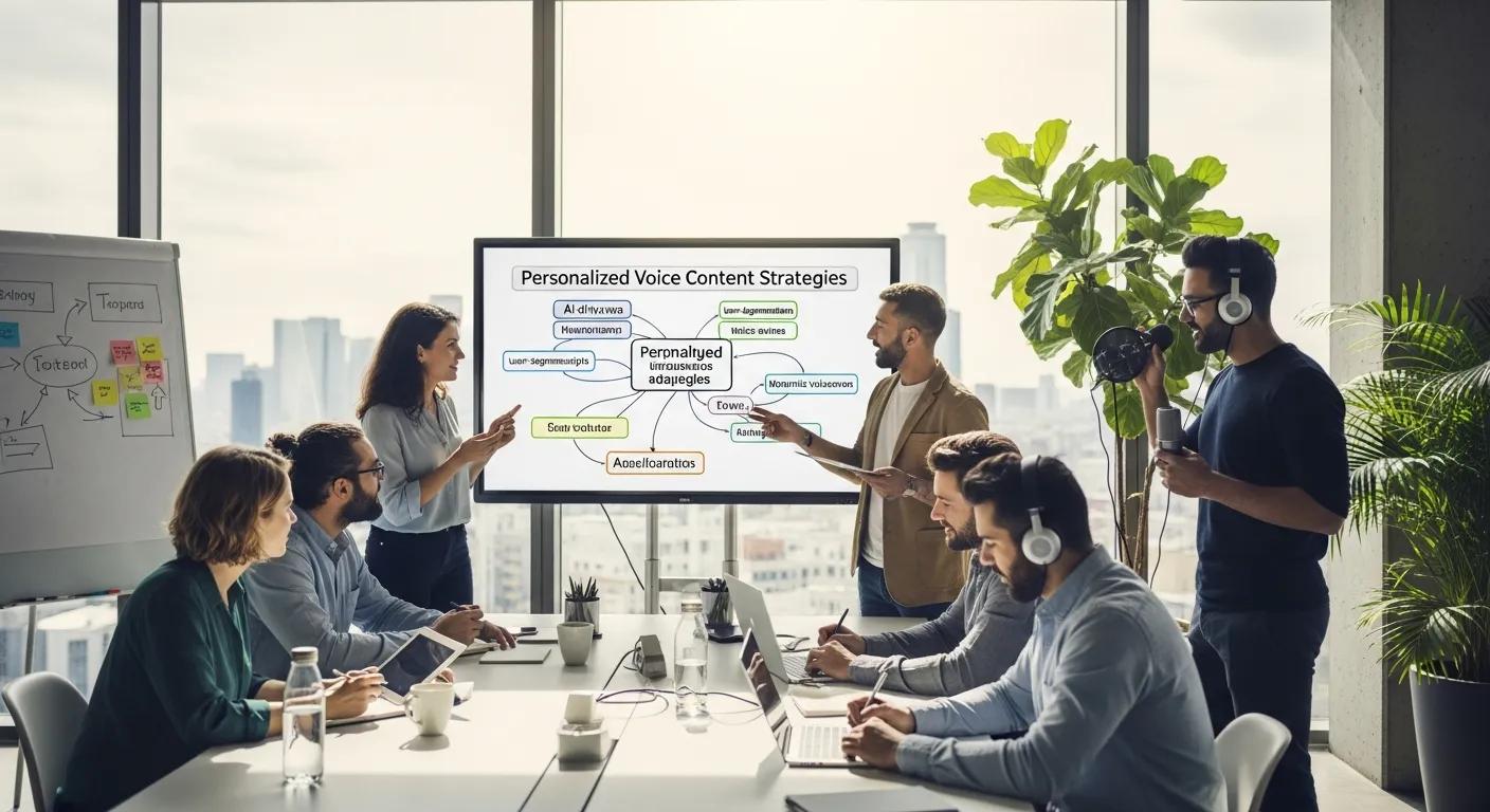 Marketing team collaborating on personalized voice content strategies in a modern office Marketing team collaborating on personalized voice content strategies in a modern office